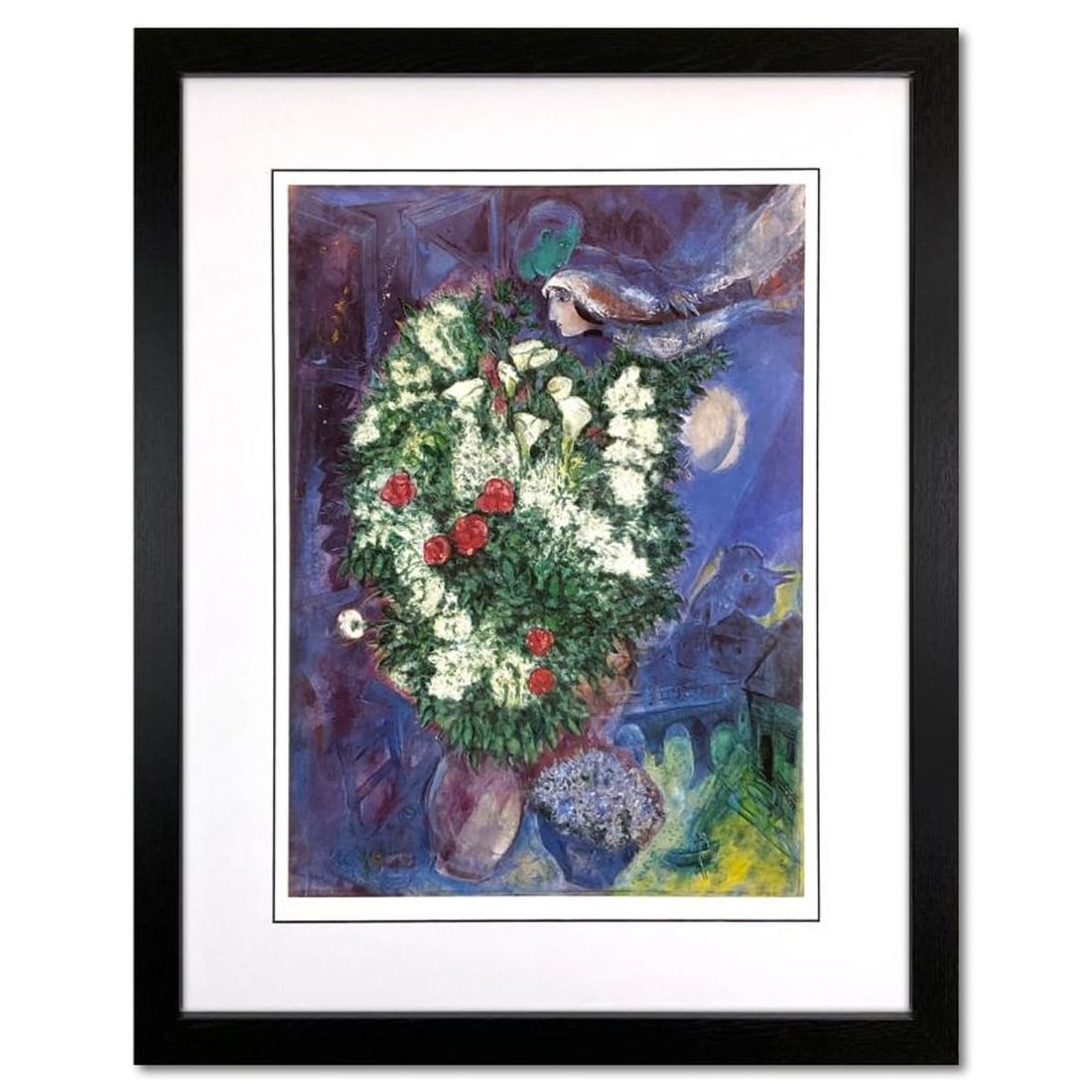 Marc Chagall (1887-1985), "Bouquet with Flying Lover" Framed Offset Lithograph with Letter of: Bouquet with Flying Lover is an offset lithograph on paper by Marc Chagall (1887-1985). This piece was published as a poster for the Tate Gallery in London, England in 1985. This piece comes custom fr