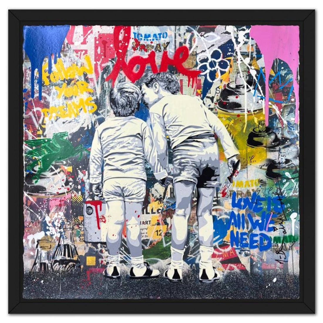 Mr Brainwash, "Brother's Advice" Framed Mixed Media Original, Hand Signed with Certificate of: Brother's Advice is a mixed media original on deckle edge paper by Mr Brainwash, Hand Signed and thumbprinted en verso by the artist. This piece comes custom framed. Includes Certificate of Authentici