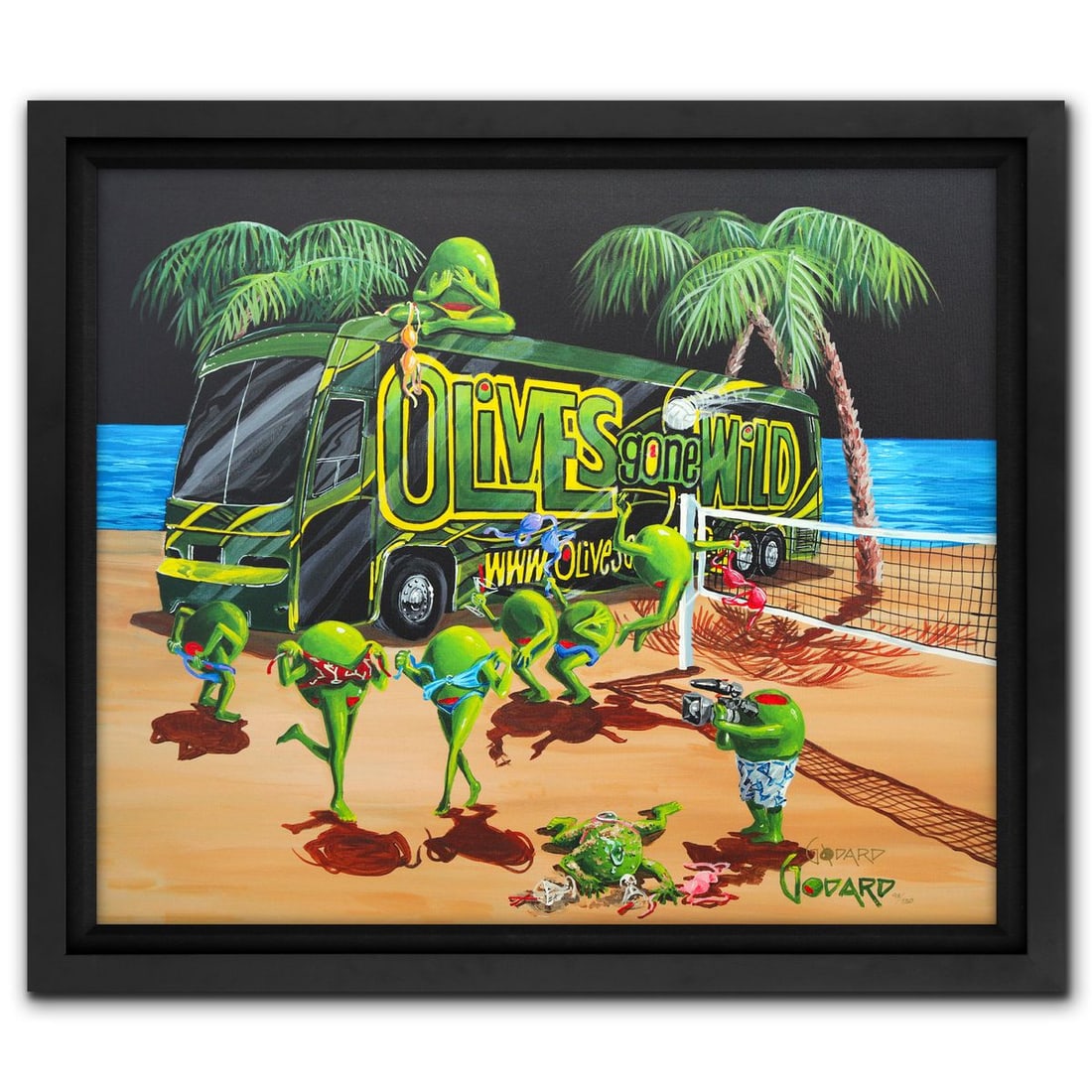 Michael Godard- Giclee on Canvas "Olives Gone Wild 2": Artist: Michael Godard. Medium: Giclee on Canvas. Title: Olives Gone Wild 2. Size: 29" x 35". Measures approx. 35" x 40" (framed). Signature: Hand signed and numbered. Certificate of Authenticity: Is 