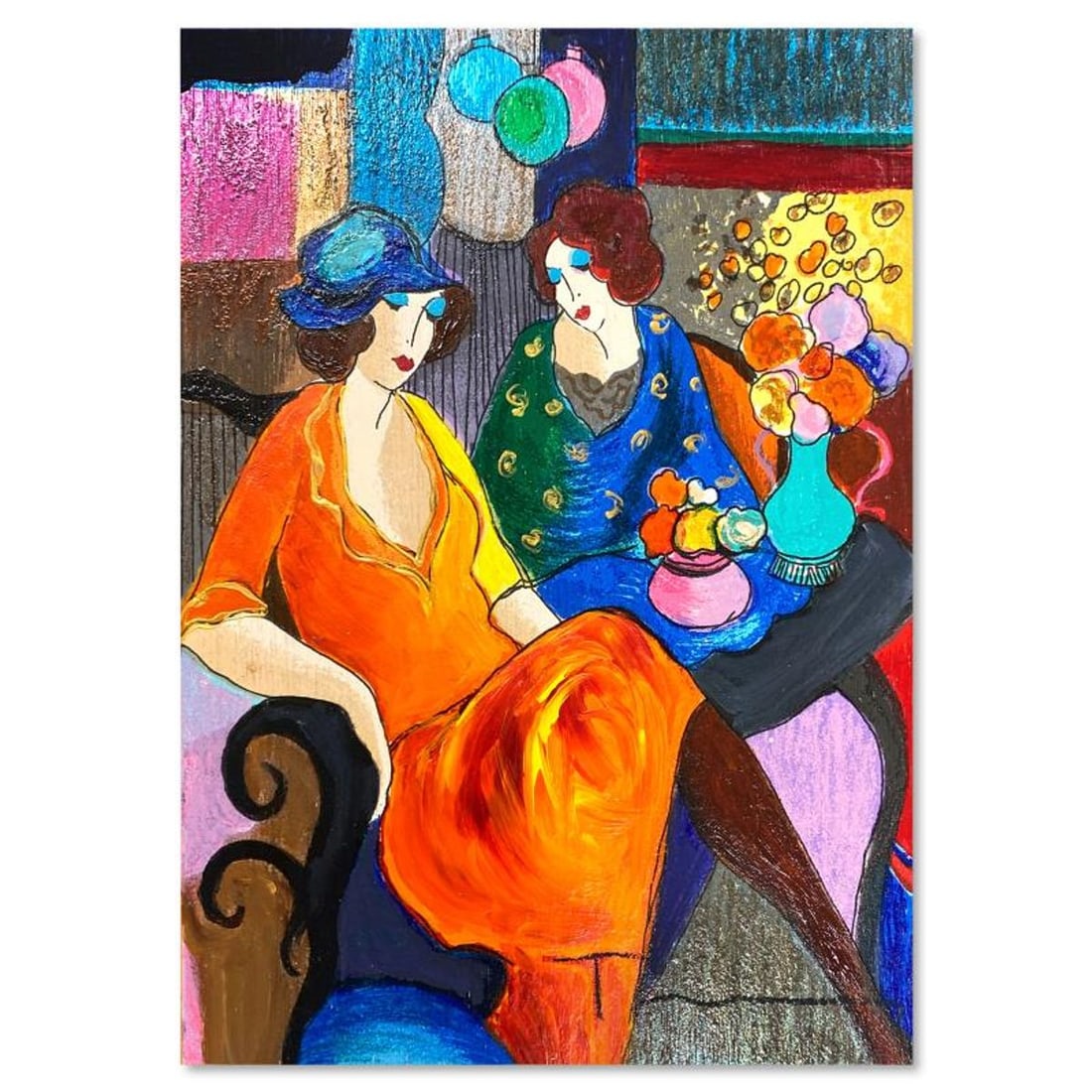 Itzchak Tarkay (1935-2012), "Chit Chat" One-of-a-Kind Mixed Media Over Paint on Wood, Hand Signed (1 of 2)