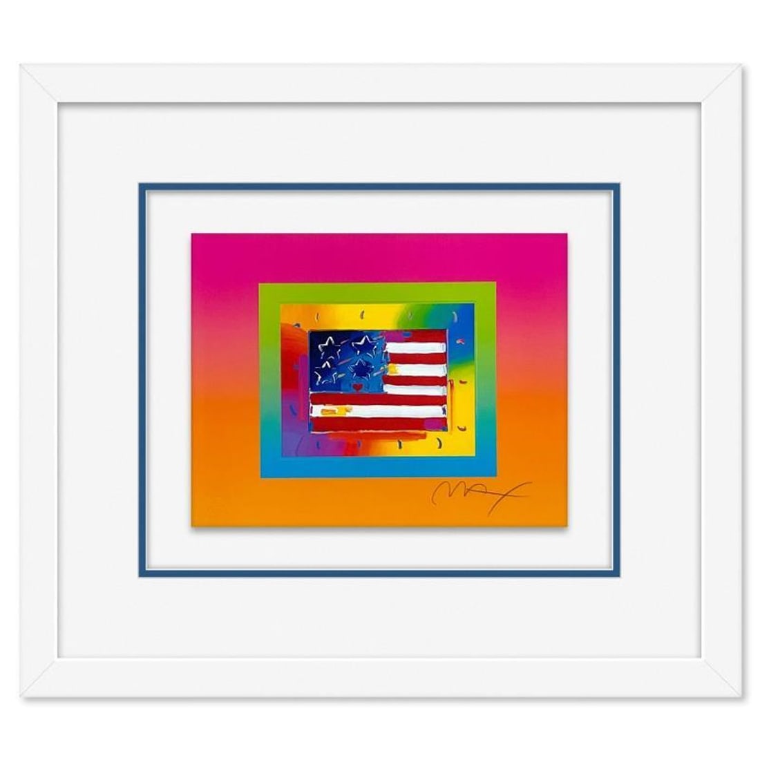 Peter Max, "Flag with Heart on Blends" Framed Limited Edition Lithograph, Numbered and Hand Signed: Flag with Heart on Blends is a limited edition lithograph on paper by Peter Max, numbered and hand signed by the artist. This piece comes framed. Includes Certificate of Authenticity from Peter Max St