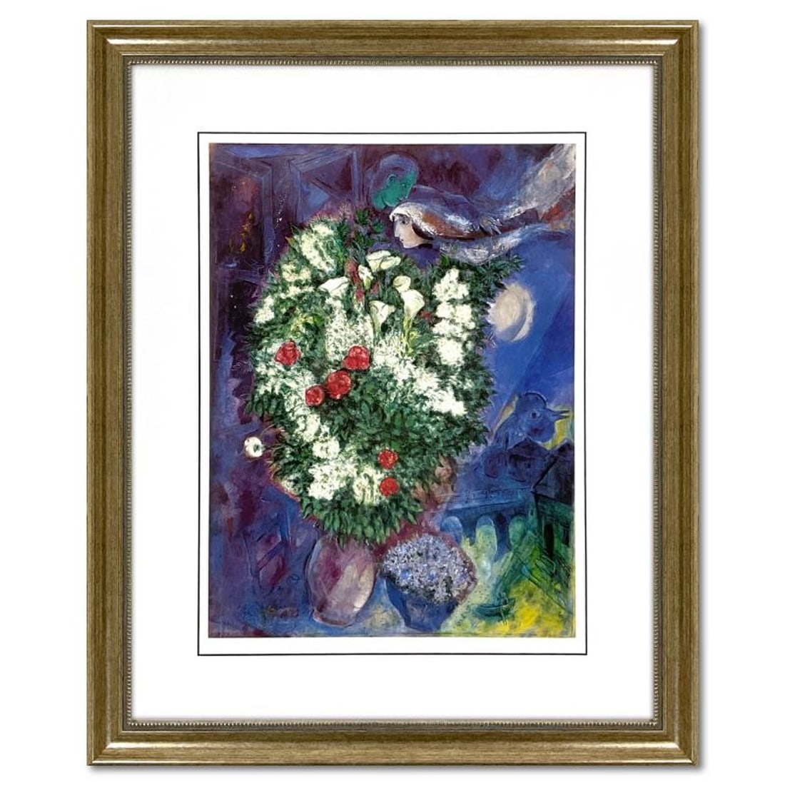 Marc Chagall (1887-1985), "Bouquet with Flying Lover" Framed Offset Lithograph with Letter of: Bouquet with Flying Lover is an offset lithograph on paper by Marc Chagall (1887-1985). This piece was published as a poster for the Tate Gallery in London, England in 1985. This piece comes custom fr