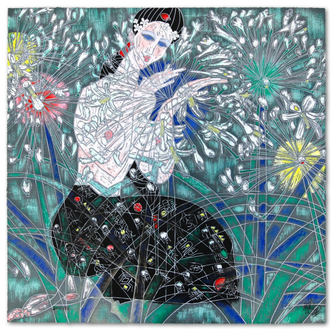 Jian Tie Feng- Silkscreen "Morning Flowers": Artist: Jian Tie Feng. Medium: Silkscreen. Title: Morning Flowers. Size: 33" x 33". Signature: Hand Signed and Numbered. Reference#: 80571.