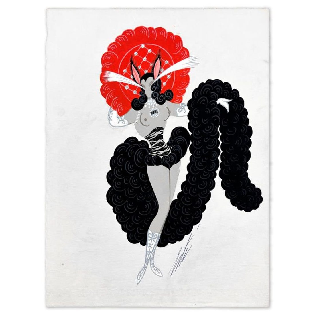 Erte (1892-1990), "Les Chatters, Deuxieme Version, September 27, 1959" Original Gouache Painting,: Les Chatters, Deuxieme Version, September 27, 1959 is an original gouache painting on paper by Erte (1892-1990), hand signed by the artist. Includes Letter of Authenticity. Measures approx. 15" x 11" 