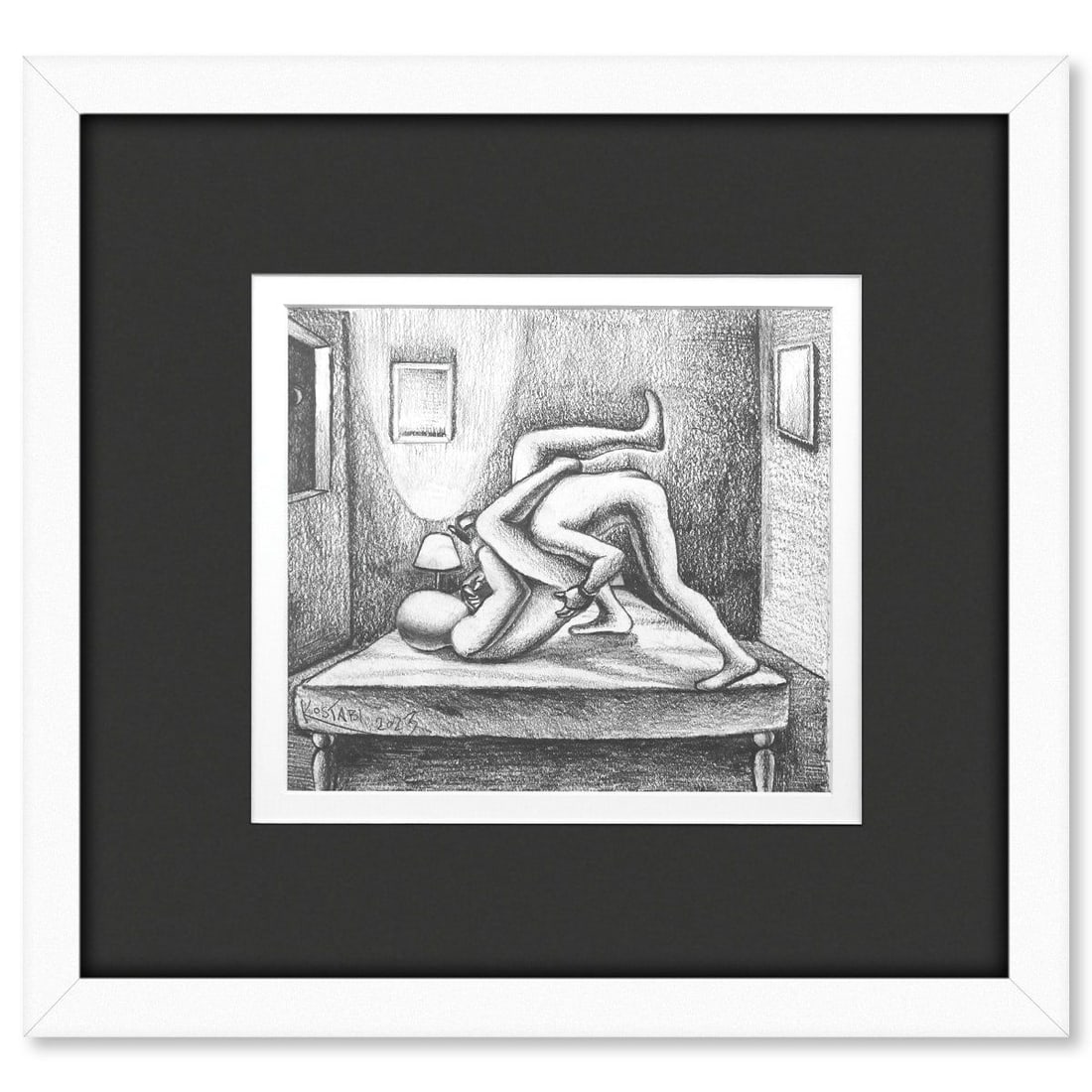 Mark Kostabi- Original Drawing on Paper "Luminous Engagment": Artist: Mark Kostabi. Medium: Original Drawing on Paper. Title: Luminous Engagment. Size: 8" x 9". Measures approx. 16" x 17" (framed). Signature: Hand signed by the artist. Certificate of Authenticit
