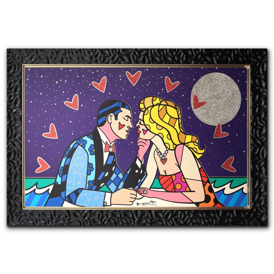 Romero Britto- Giclee on canvas "Full Moon": Artist: Romero Britto. Medium: Giclee on canvas. Title: Full Moon. Size: 36" x 60". Measures approx. 46" x 70" (framed). Signature: Hand signed and numbered. Certificate of Authenticity: Is included. 