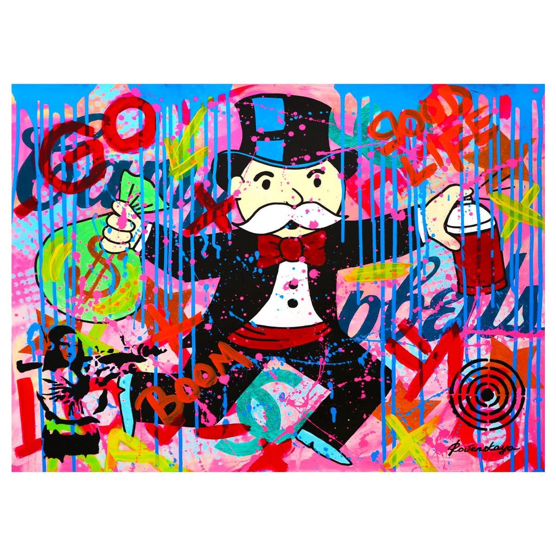 Nastya Rovenskaya- Mixed Media "Love Camp": Artist: Nastya Rovenskaya. Medium: Mixed Media. Title: Love Camp. Size: 30" x 40". Signature: Hand signed. Certificate of Authenticity: Is included. Reference#: 58244.