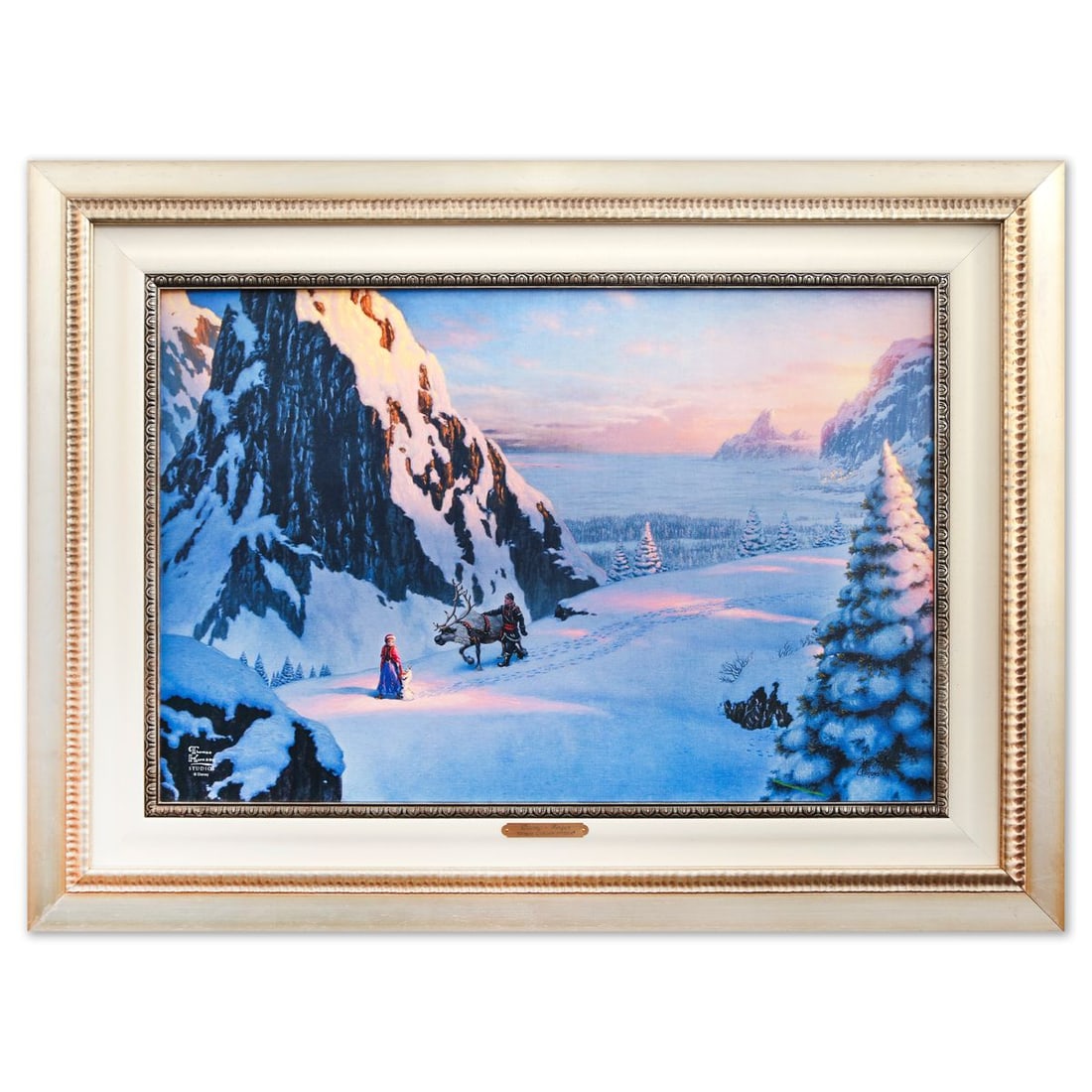 Thomas Kinkade- Hand Embellished Giclee on Canvas "Frozen": Artist: Thomas Kinkade. Medium: Hand Embellished Giclee on Canvas. Title: Frozen. Size: 17.5" x 26.5". Measures approx. 27" x 32" (framed). Signature: Hand signed and numbered. Certificate of Authenti