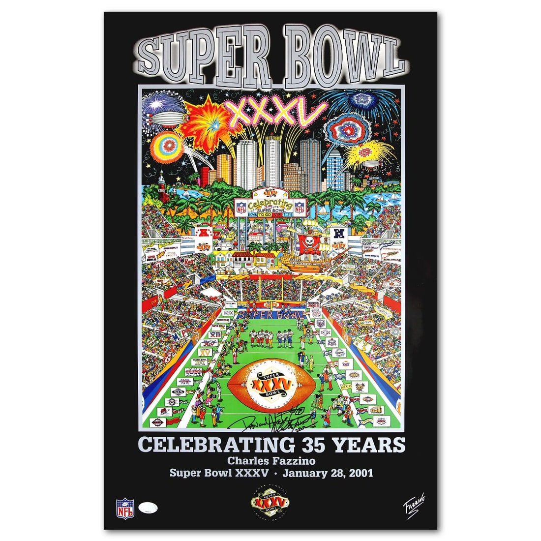 Charles Fazzino- Poster "Super Bowl Celebrating 35 years": Artist: Charles Fazzino. Medium: Poster. Title: Super Bowl Celebrating 35 years. Size: 34" x 22". Signature: Hand signed. Certificate of Authenticity: Is included. Reference#: 10052.