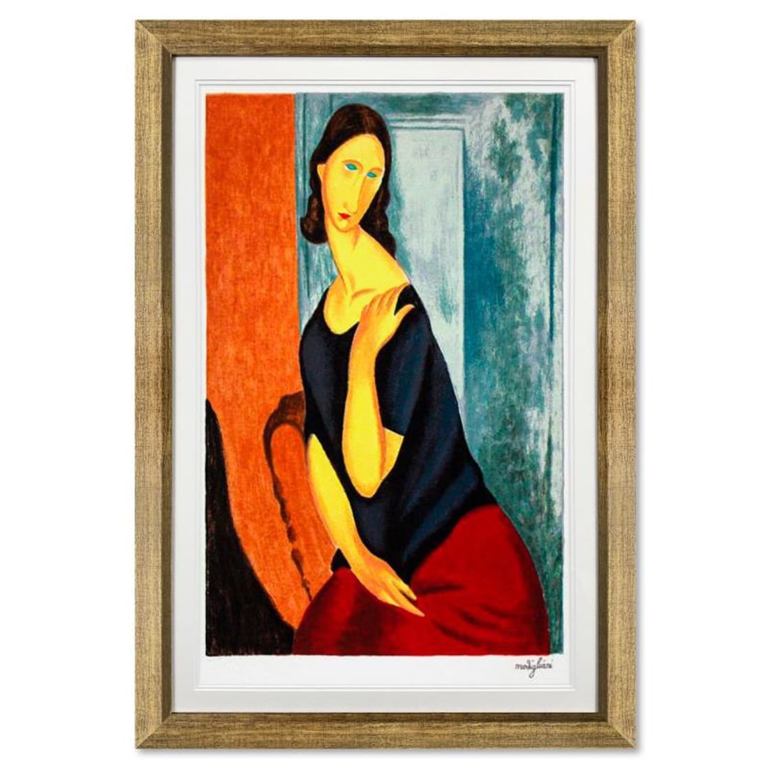Amedeo Modigliani (1884-1920), "Jenne Hebuterne Con La Mano Sulla Spalla Sinistra" Framed Limited: Jenne Hebuterne Con La Mano Sulla Spalla Sinistra is a framed limited edition serigraph on paper by Amedeo Modigliani. The piece is plate signed and comes with a letter of authenticity. Measures appro