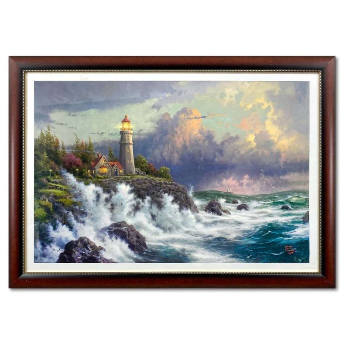 Thomas Kinkade (1958-2012), "Conquering the Storms" Framed Limited Edition Lithograph, Numbered and: Conquering the Storms is an limited edition offset lithograph on paper by Thomas Kinkade (1958-2012), numbered and bearing Kinkade's authorized signature. This piece comes framed. Letter of Authentici