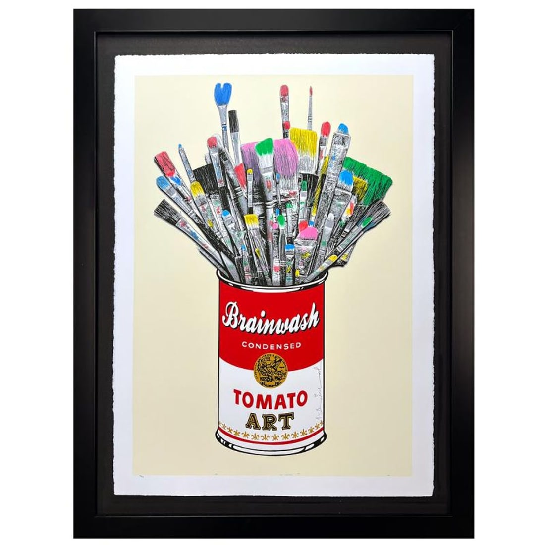 Mr. Brainwash- Unique and Hand-Finished Silk Screen "Tomato Pop (Off-White)": Artist: Mr. Brainwash. Medium: Unique and Hand-Finished Silk Screen. Title: Tomato Pop (Off-White). Size: 30" x 22". Measures approx. 42" x 34" (framed). Signature: Hand signed, numbered, and thumb-pr