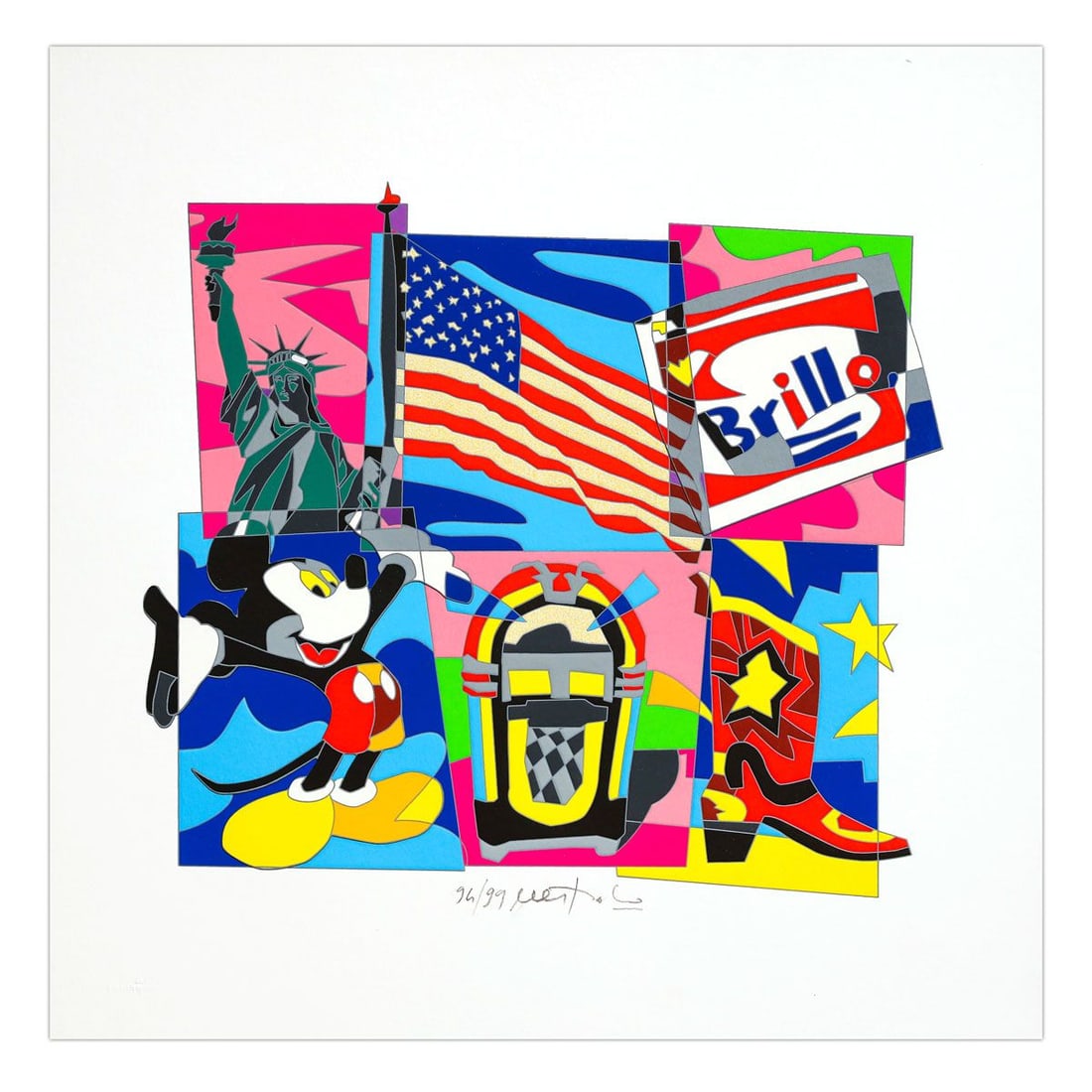Ugo Nespolo- SIlkscreen on Paper "American Dream": Artist: Ugo Nespolo. Medium: SIlkscreen on Paper. Title: American Dream. Size: 14" x 14". Signature: Hand Signed and numbered. Certificate of Authenticity: Is included. Additional: Edition number migh