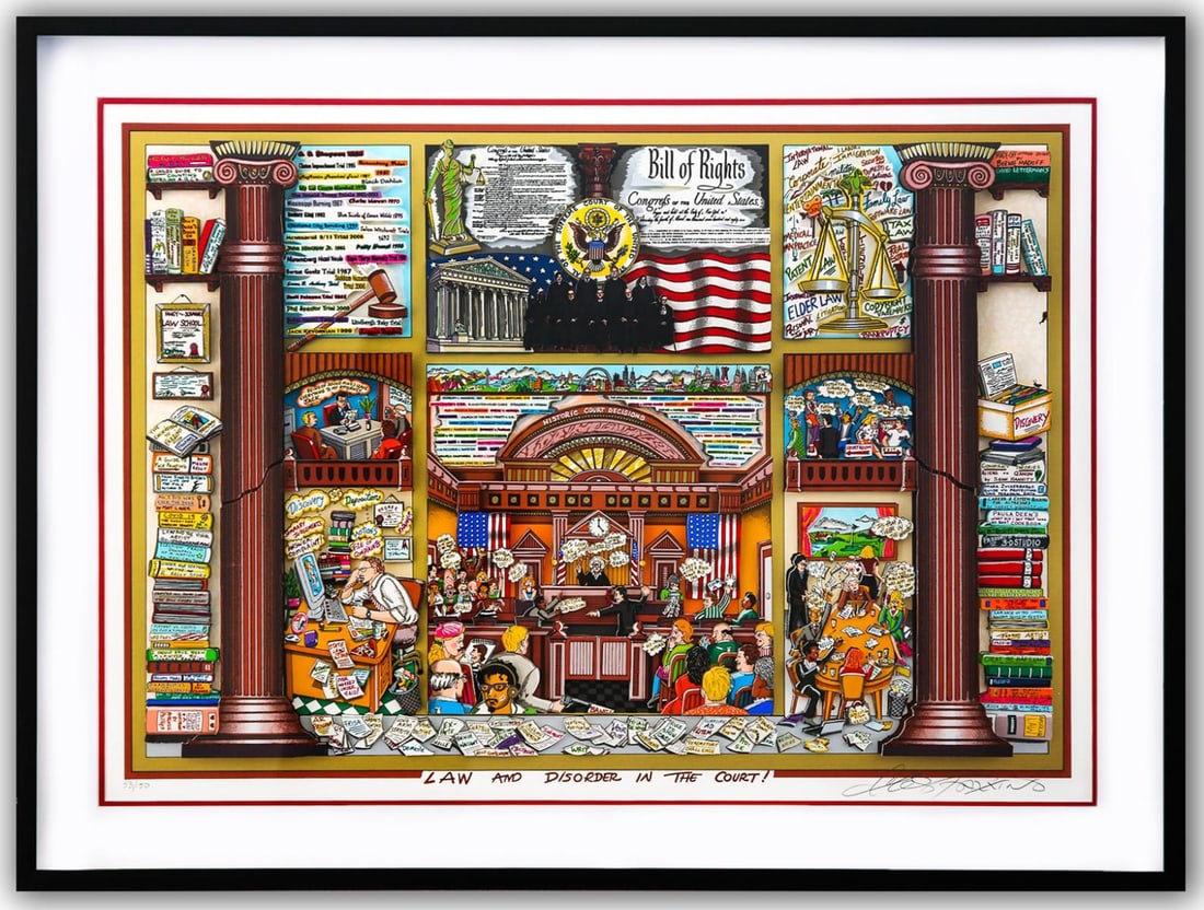 Charles Fazzino- 3D Construction Silkscreen Serigraph "Law and Disorder in the Court! (Red)": Artist: Charles Fazzino. Medium: 3D Construction Silkscreen Serigraph. Title: Law and Disorder in the Court! (Red). Size: 25" x 36". Measures approx. 33" x 43" (framed). Signature: Hand Signed and Num