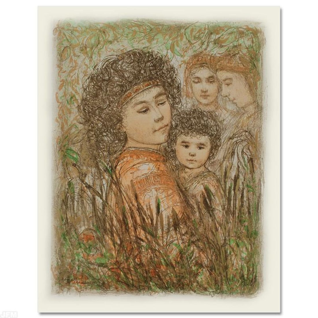 Pharaoh's Daughter with Moses in Bulrushes Limited Edition Lithograph by Edna Hibel (1917-2014),: Pharaoh's Daughter with Moses in Bulrushes is a limited edition lithograph on paper, numbered and hand signed by Edna Hibel (1917-2014). Includes Certificate of Authenticity! Measures approx. 18" x 22