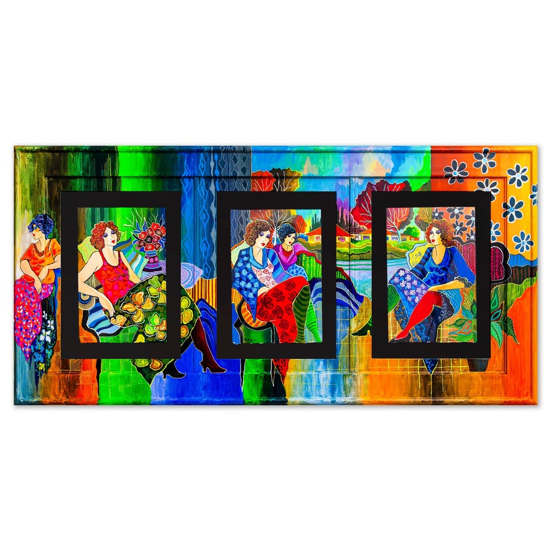 Patricia Govezensky- Original Watercolors with Hand Painted Frame "Elegant Afternoon": Artist: Patricia Govezensky. Medium: Original Watercolors with Hand Painted Frame. Title: Elegant Afternoon. Size: 11" x 7.5". Measures approx. 22" x 44" (framed). Signature: Hand Signed by the Artist