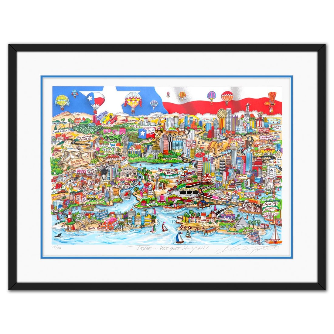 Charles Fazzino- 3D Construction Silkscreen Serigraph "Texas... We Got it Yall": Artist: Charles Fazzino. Medium: 3D Construction Silkscreen Serigraph. Title: Texas... We Got it Yall. Size: 17" x 23". Measures approx. 23" x 29" (framed). Signature: Hand signed and numbered. Certif