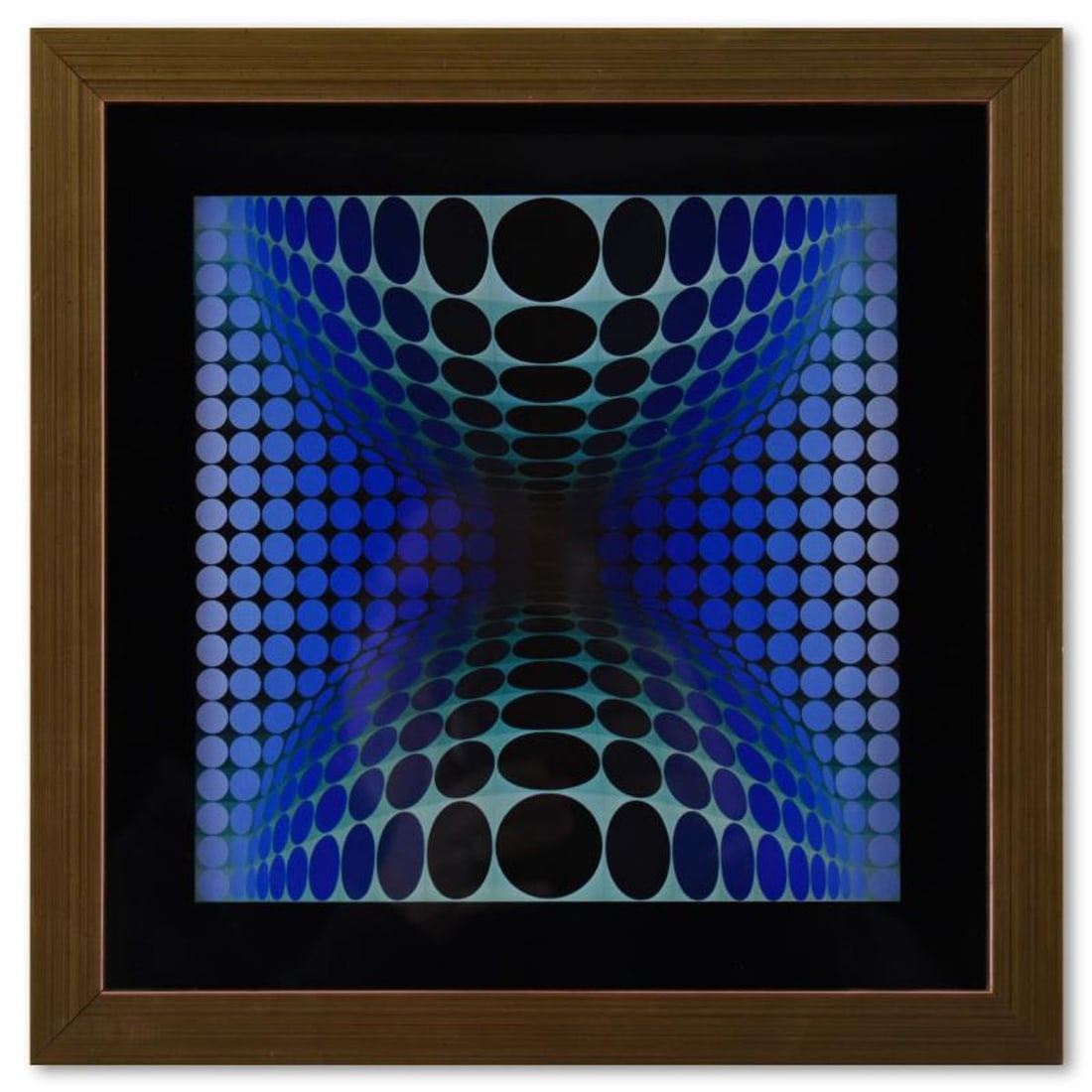 Victor Vasarely (1908-1997), "OND - II de la serie Vega" Framed 1971 Heliogravure Print with Letter: OND - II de la serie Vega is a heliogravure print on paper, published in 1971, by Victor Vasarely (1908-1997). This piece comes custom framed, with a letter of authenticity and with a 1976 Vasarely pa