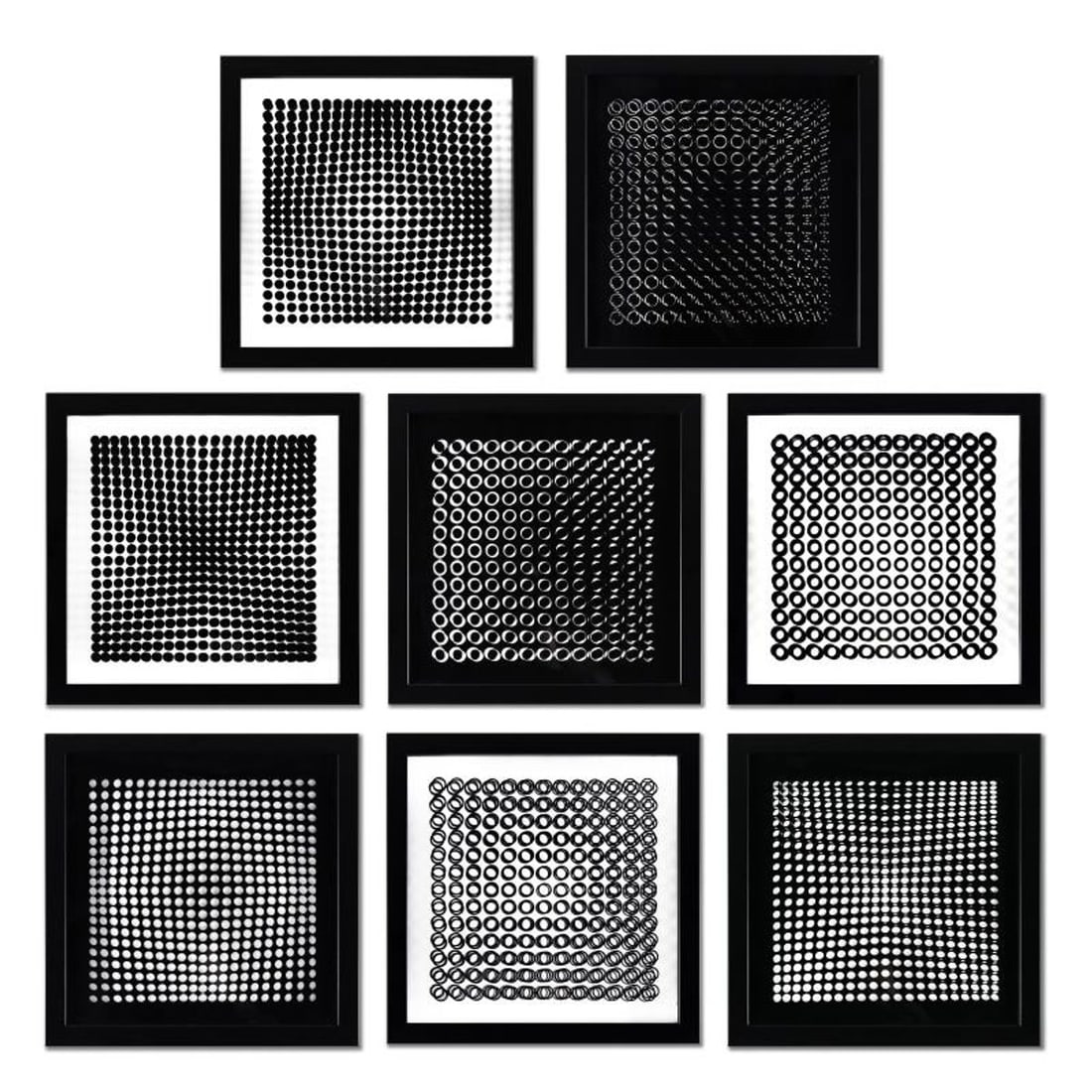 Victor Vasarely (1908-1997), "Trois Dimensions Optique de la serie Cinetiques (Set of 8)" Framed: Trois Dimensions Optique de la serie Cinetiques is a set of 8 dimensional artworks, published in 1973, by Victor Vasarely (1908-1997). These pieces come custom framed, with a letter of authenticity an