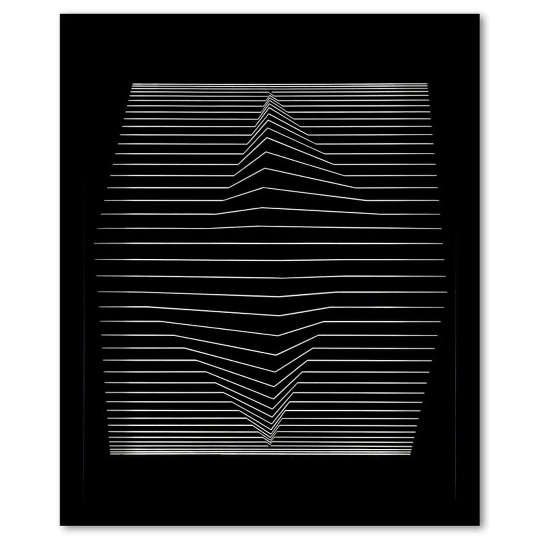 Victor Vasarely (1908-1997), "Ilile - II de la serie Ondulatoires" Framed 1973 Heliogravure Print: Ilile - II de la serie Ondulatoires is a heliogravure print on paper, published in 1973, by Victor Vasarely (1908-1997). This piece comes custom framed, with a letter of authenticity and with a 1976 V