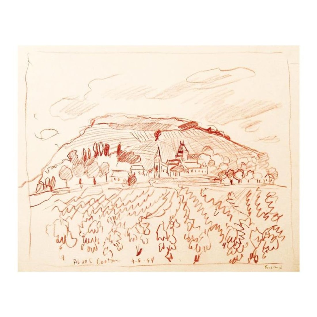 Wayne Ensrud, "Aloxe-Carton, Burgundy" Pencil Original Artwork; Hand Signed; COA: Aloxe-Carton, Burgundy is an original Pencil on Paper by Wayne Ensrud. The piece is hand signed by the artist and comes with a Certificate of Authenticity. Measures approximately 13" x 16".