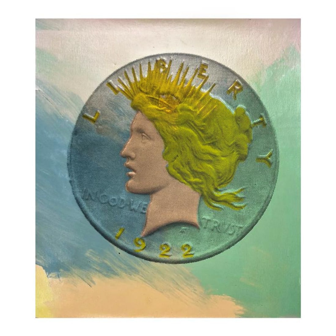 Steve Kaufman (1960-2010), "1921 Coin" Hand Signed and Numbered Limited Edition Hand Pulled: 1921 Coin is limited edition hand pulled silkscreen unique mixed media on canvas by Andy Warhol protege Steve Kaufman (1960-2010). This piece is numbered and hand signed inverso and includes a letter 