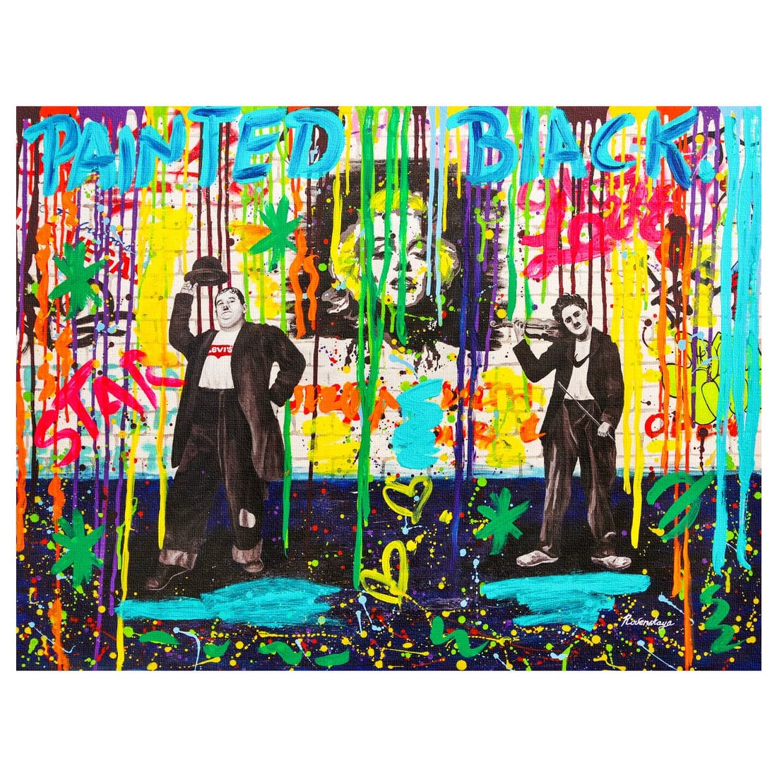Nastya Rovenskaya- Original Mixed Media on Canvas "Chaplin and Hardy": Artist: Nastya Rovenskaya. Medium: Original Mixed Media on Canvas. Title: Chaplin and Hardy. Size: 30" x 40". Signature: Hand Signed by the artist. Certificate of Authenticity: From the publisher. Ref