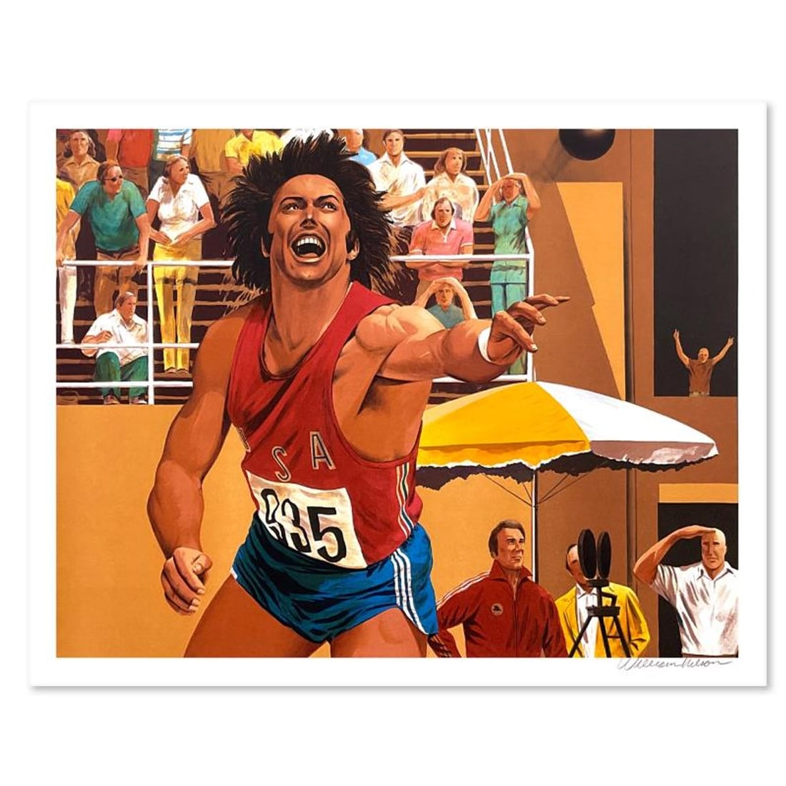 William Nelson, "Shot Put: Bruce Jenner" Limited Edition Lithograph, Numbered and Hand Signed with: Shot Put: Bruce Jenner is a limited edition lithograph on paper, numbered and hand signed by William Nelson. Includes Letter of Authenticity. Measures approx. 29" x 22" (border), 25" x 19" (image). Th