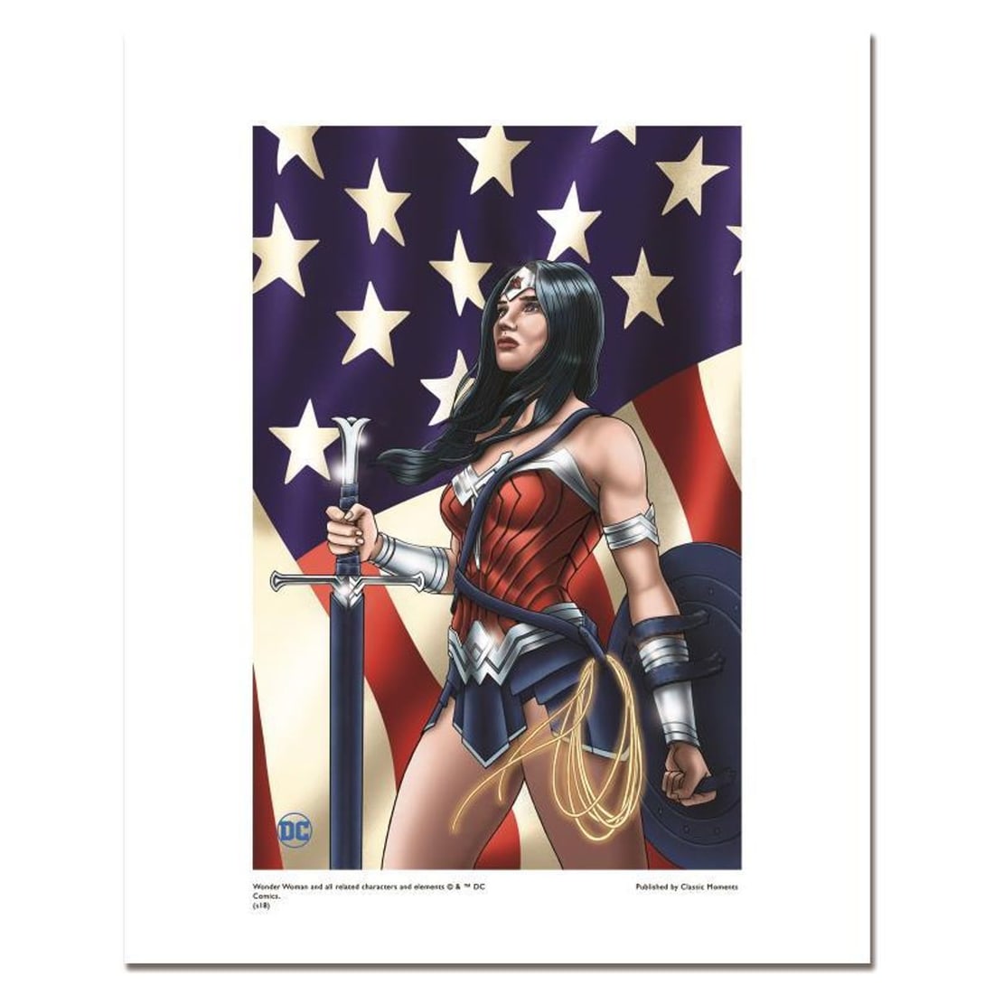 DC Comics, "Wonder Woman Patriotic" Numbered Limited Edition Giclee with Certificate of: Wonder Woman Patriotic is a limited edition giclee on paper licensed by DC Comics and based on art done by Jenny Frison for the variant cover of the 2017 comic Wonder Woman #30 (DC Rebirth). The piece