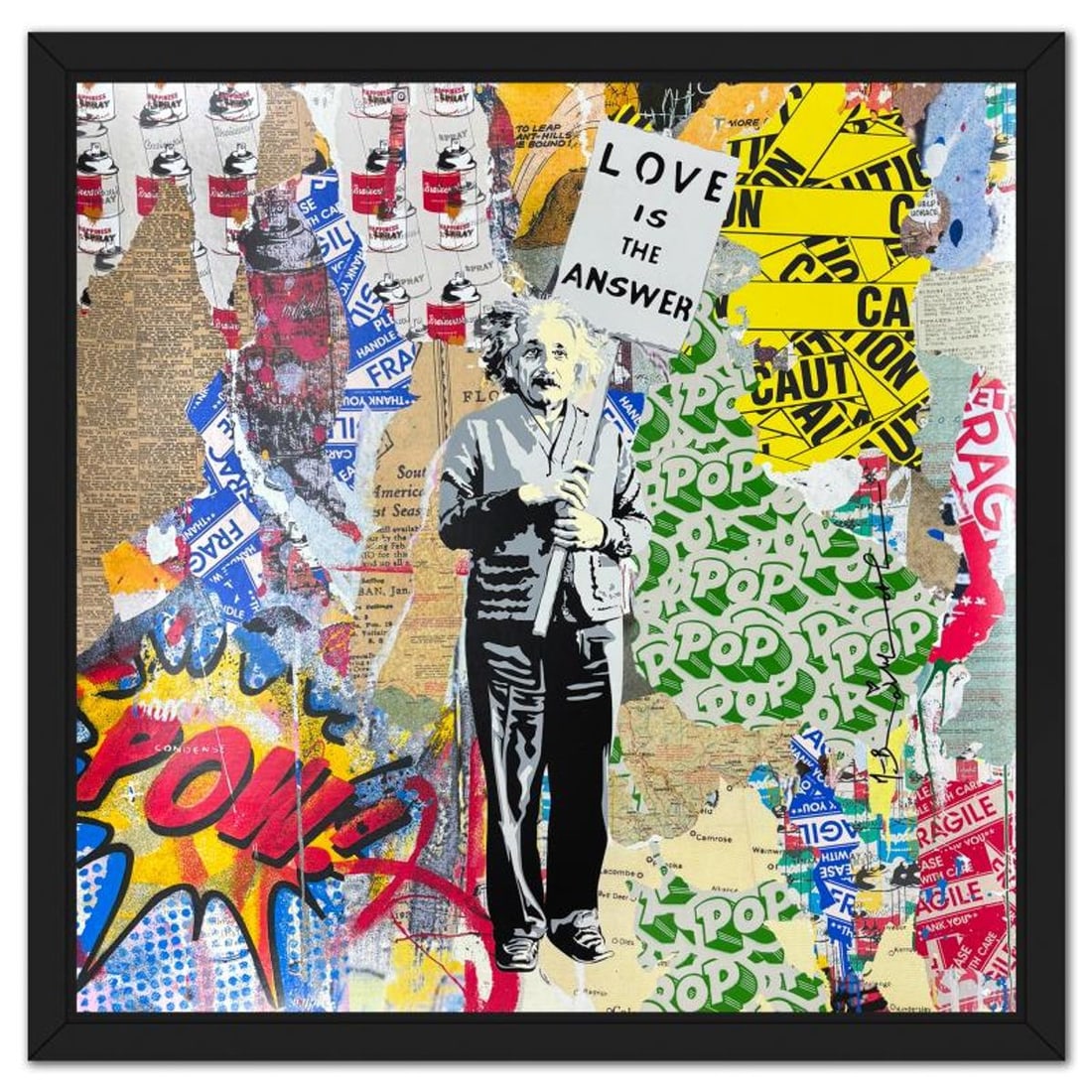 Mr Brainwash, "Einstein" Framed Unique (UNQ) Mixed Media, Hand Signed with Certificate of: Einstein is a unique (UNQ) mixed media on deckle edge paper by Mr Brainwash, Hand Signed and thumbprinted en verso by the artist. This piece comes custom framed. Includes Certificate of Authenticity. 