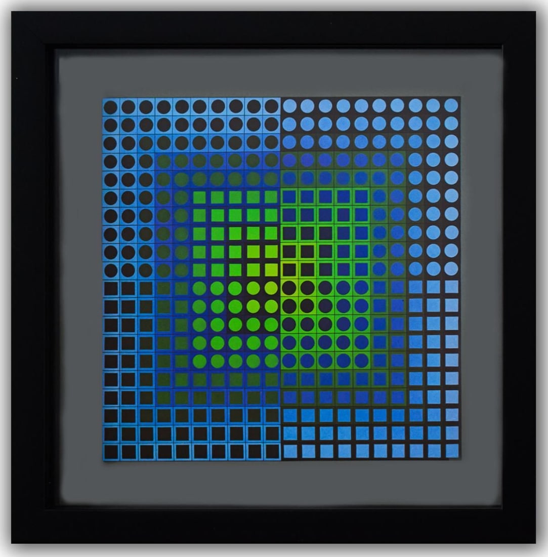Victor Vasarely- Heliogravure Print "Zoeld": Artist: Victor Vasarely. Medium: Heliogravure Print. Title: Zoeld. Size: 10" x 10". Measures approx. 12" x 12" (framed). Additional: Custom Framed , 1971. Reference#: 21394.
