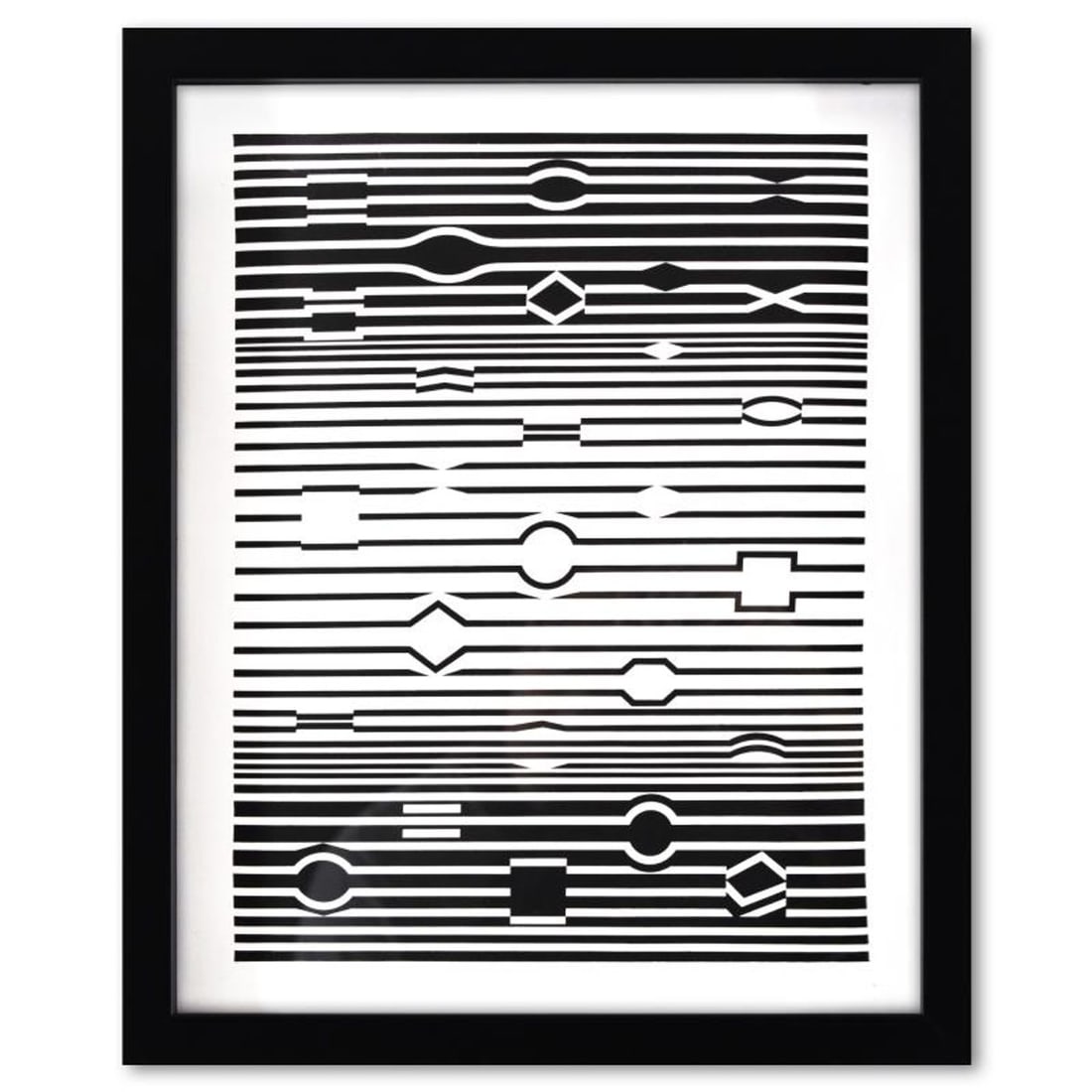 Victor Vasarely (1908-1997), "Markab de la serie Ondulatoires" Framed 1973 Heliogravure Print with: Markab de la serie Ondulatoires is a heliogravure print on paper, published in 1973, by Victor Vasarely (1908-1997). This piece comes custom framed, with a letter of authenticity and with a 1976 Vasar