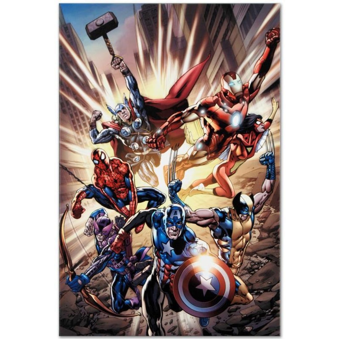 Marvel Comics "Avengers #12.1" Numbered Limited Edition Giclee on Canvas by Bryan Hitch with COA.: A piece of comic book history, this limited edition, from original art by Bryan Hitch, depicts an adventure packed scene starring Iron Man, Ms. Marvel, Protector and Thor. British artist Bryan Hitch w