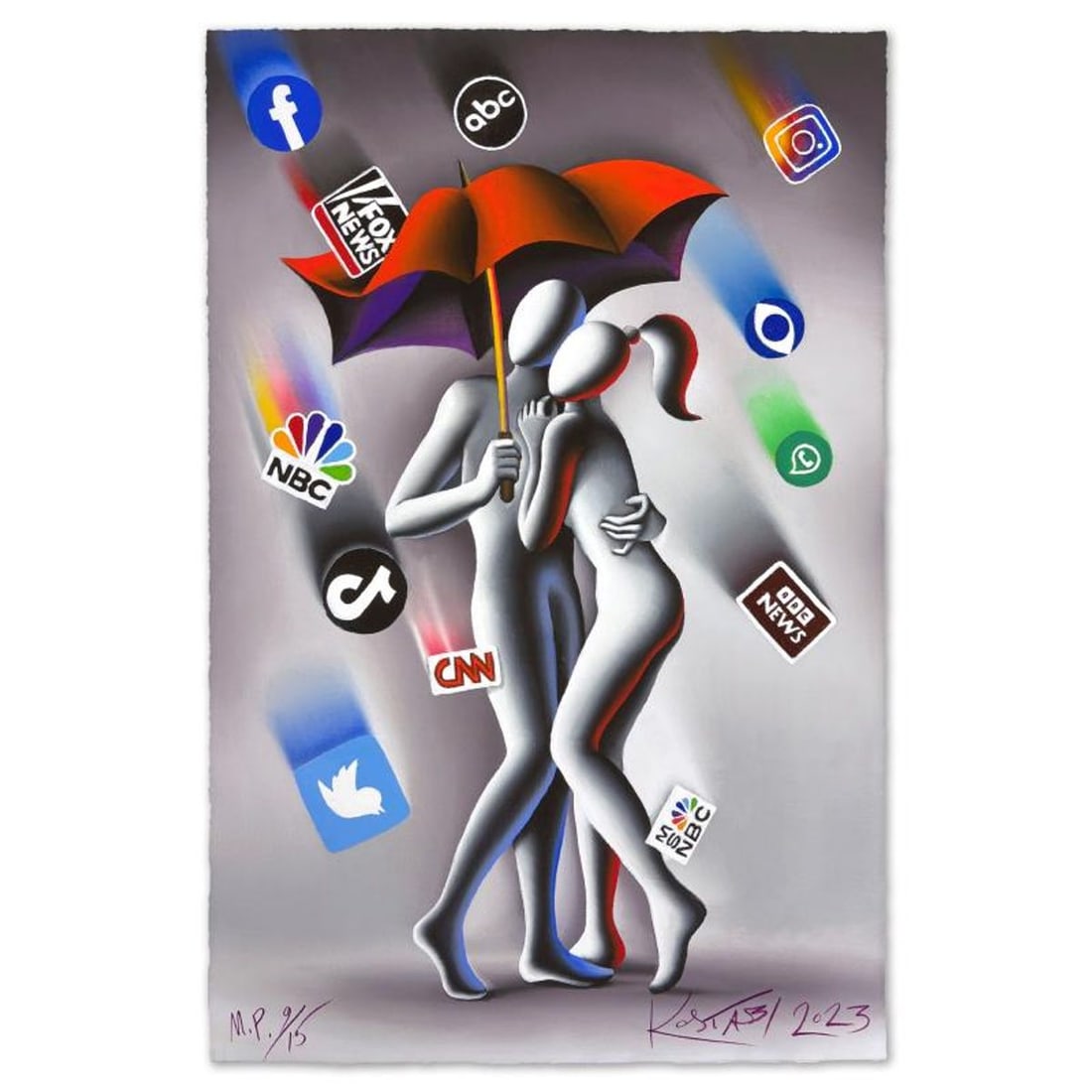 Mark Kostabi, "Media Shower" Limited Edition, MP Numbered 9/15 and Hand Signed with Letter of: Media Shower is a limited edition giclee on paper by Mark Kostabi, MP numbered 9/15 and hand signed by the artist. Includes Letter of Authenticity. Measures approx. 26" x 17" (image).