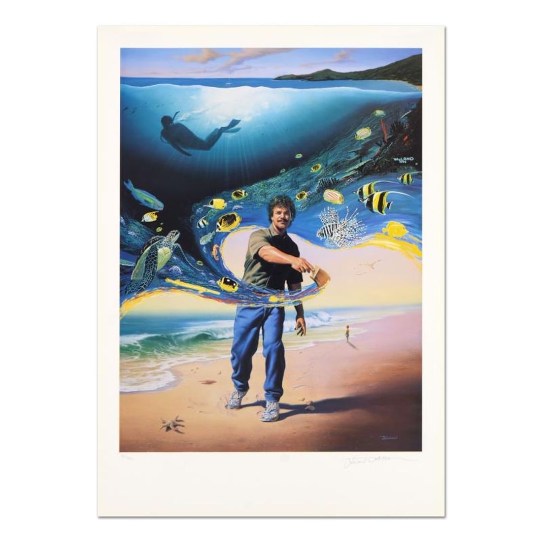 Wyland and Jim Warren, "Another Day At the Office" Limited Edition Lithograph, Numbered and Hand: Another Day at the Office is a limited edition lithograph on paper by Wyland and Jim Warren, numbered and hand signed by Jim Warren and bearing plate signature of Wyland. Includes Letter of Authentici