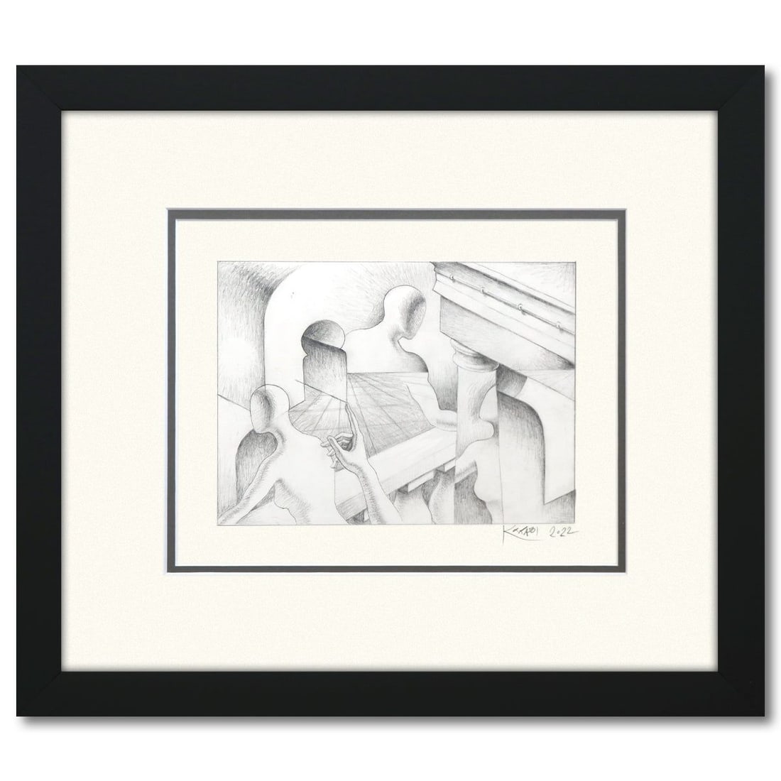 Mark Kostabi- Original Drawing on Paper "The Path of Ambiguity": Artist: Mark Kostabi. Medium: Original Drawing on Paper. Title: The Path of Ambiguity. Size: 7" x 9.5". Measures approx. 17" x 19.5" (framed). Signature: Hand signed by the artist. Certificate of Auth
