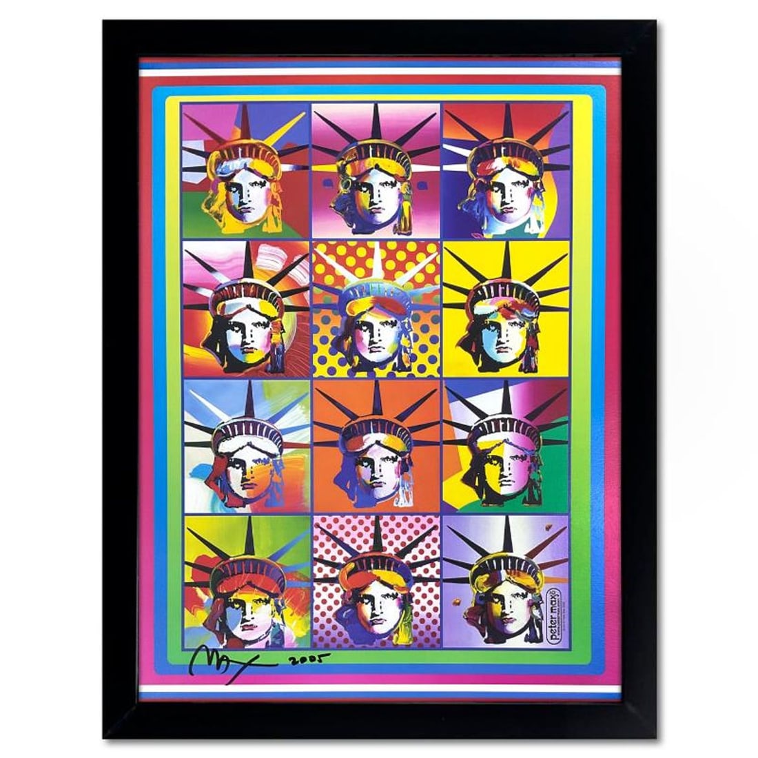 Peter Max, "Liberty and Justice" Framed Hand Signed Offset Lithograph with Letter of Authenticity.: Liberty and Justice is an offset lithograph on paper by Peter Max, hand signed by the artist. This piece comes custom framed. Includes Letter of Authenticity. Measures approx. 28" x 22" (frame), 24" x