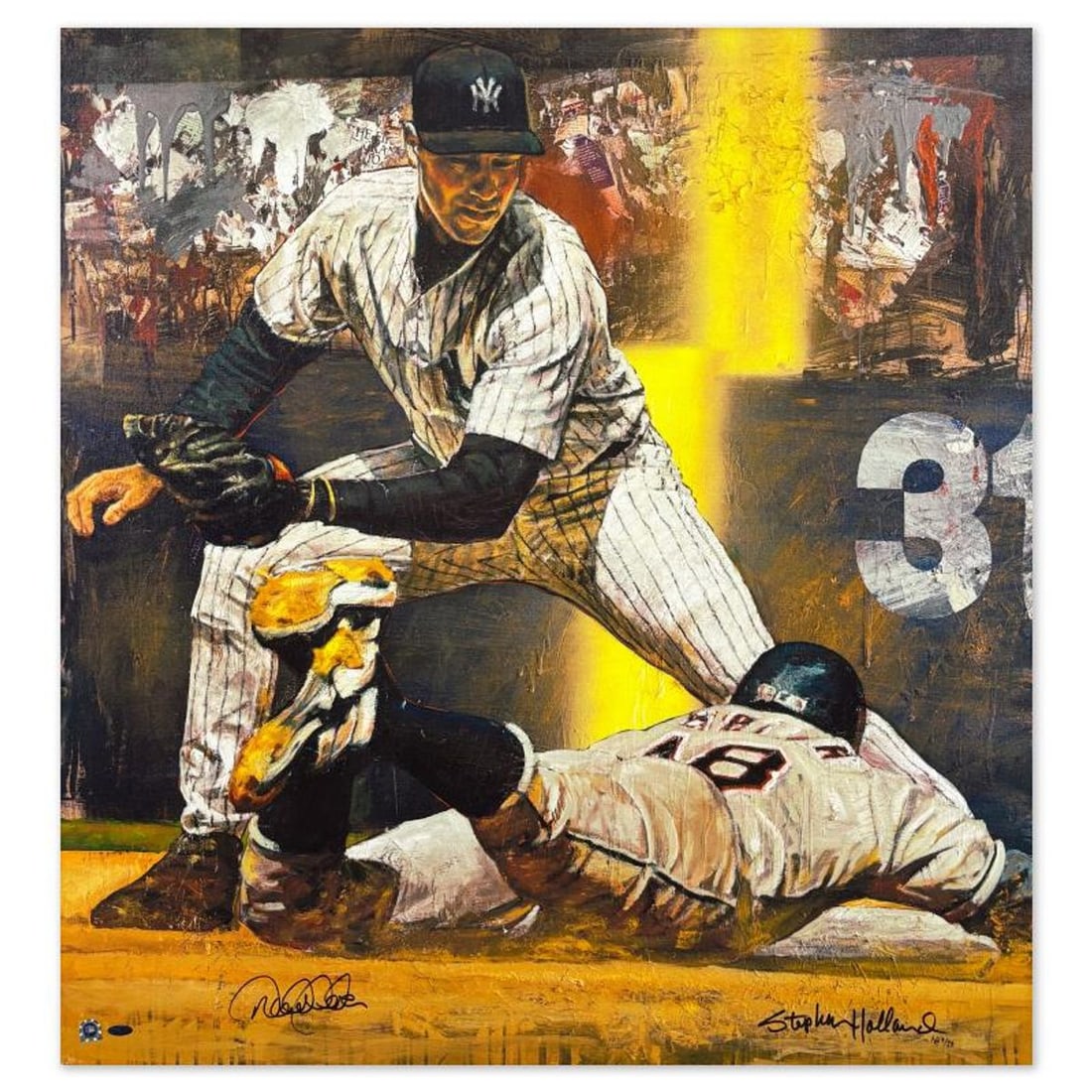 Stephen Holland, "Derek Jeter Making the Tag" Hand Enhanced Limited Edition on Canvas, AP Numbered: Derek Jeter Making the Tag is a hand enhanced limited edition giclee on stretched canvas by Stephen Holland, AP numbered 9/22 and hand signed by the artist and Derek Jeter. This piece comes with a ver