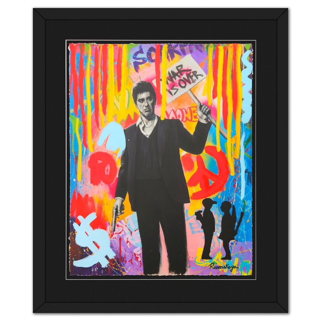 Nastya Rovenskaya- Original Mixed Media on Deckle Edge Paper "War is Over": Artist: Nastya Rovenskaya. Medium: Original Mixed Media on Deckle Edge Paper. Title: War is Over. Size: 30" x 24". Measures approx. 40" x 34" (framed). Signature: Hand Signed. Certificate of Authentic