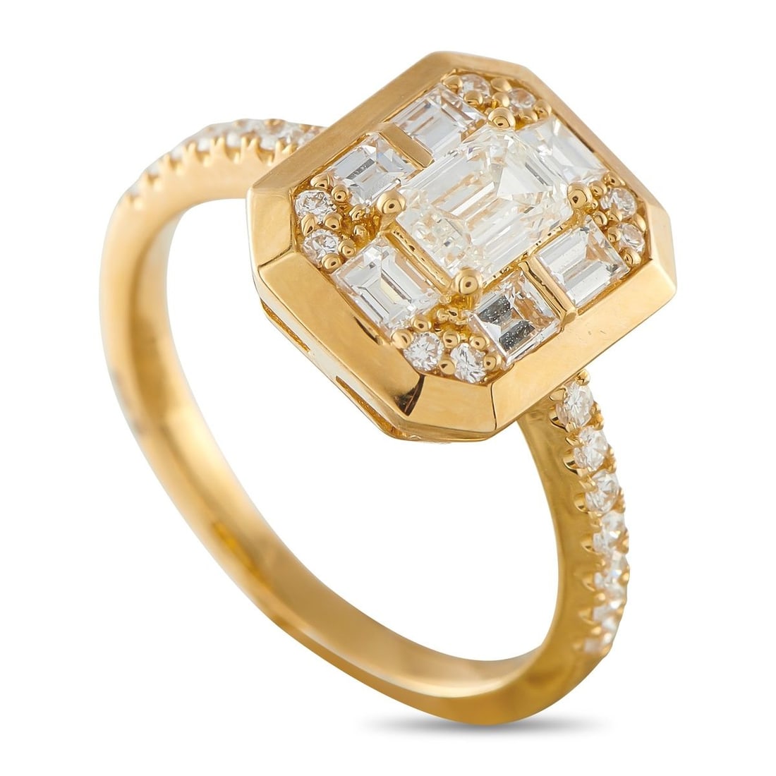 18K YELLOW GOLD 1.16CT DIAMOND RING: This luxury ring is designed to continually catch the light. Set in 18K Yellow Gold, the 0.48 carat Diamond center stone is surrounded by additional Diamond accents totaling 0.68 carats. It features a