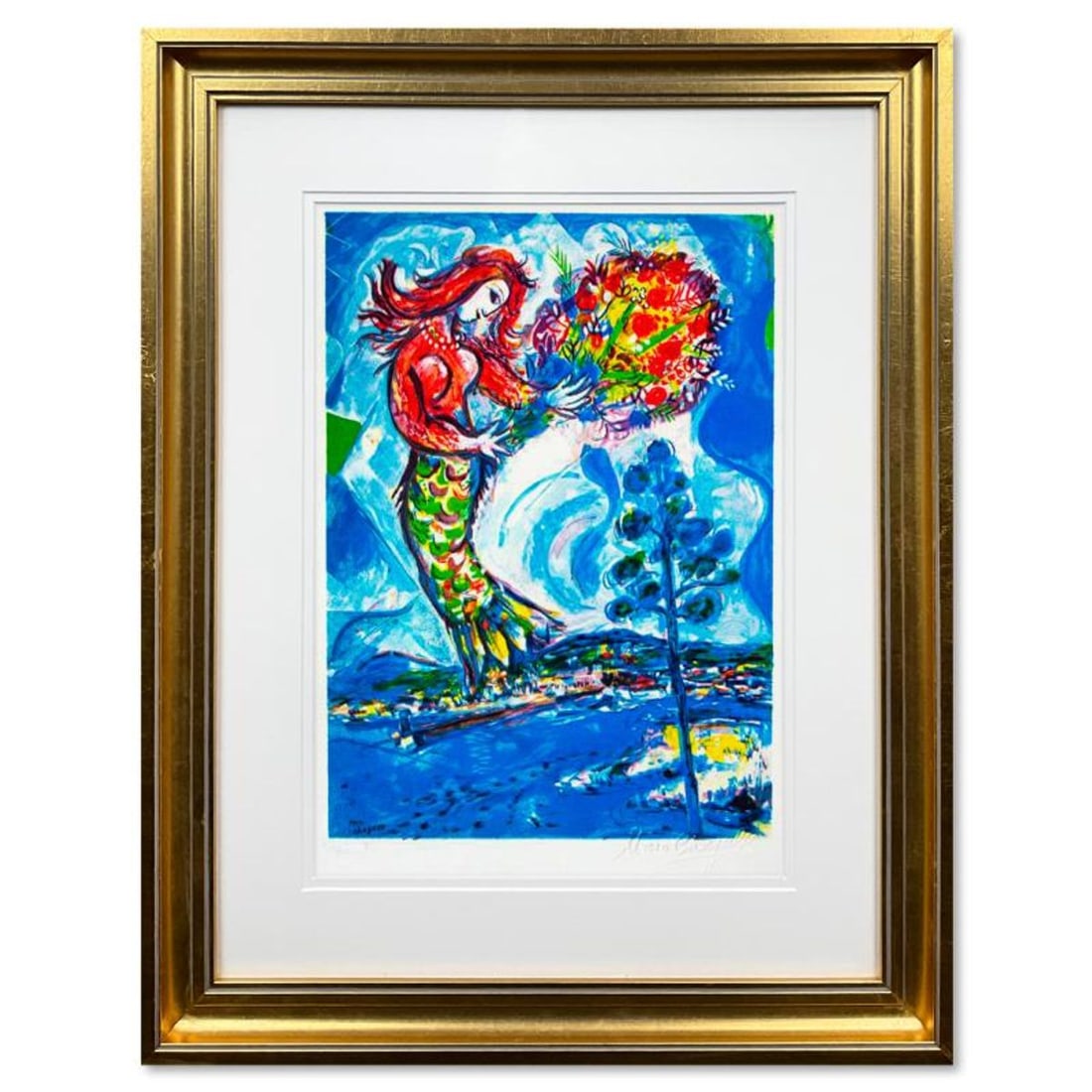 Marc Chagall (1887-1985), "La Sirene Au Pin" Framed Limited Edition Lithograph with Letter of: La Sirene Au Pin is a framed limited edition lithograph on paper by Marc Chagall (1887-1985). Printed by Atelier Tete a Tete in Paris and authorized by the Chagall Estate and ADAGP Paris , the piece i