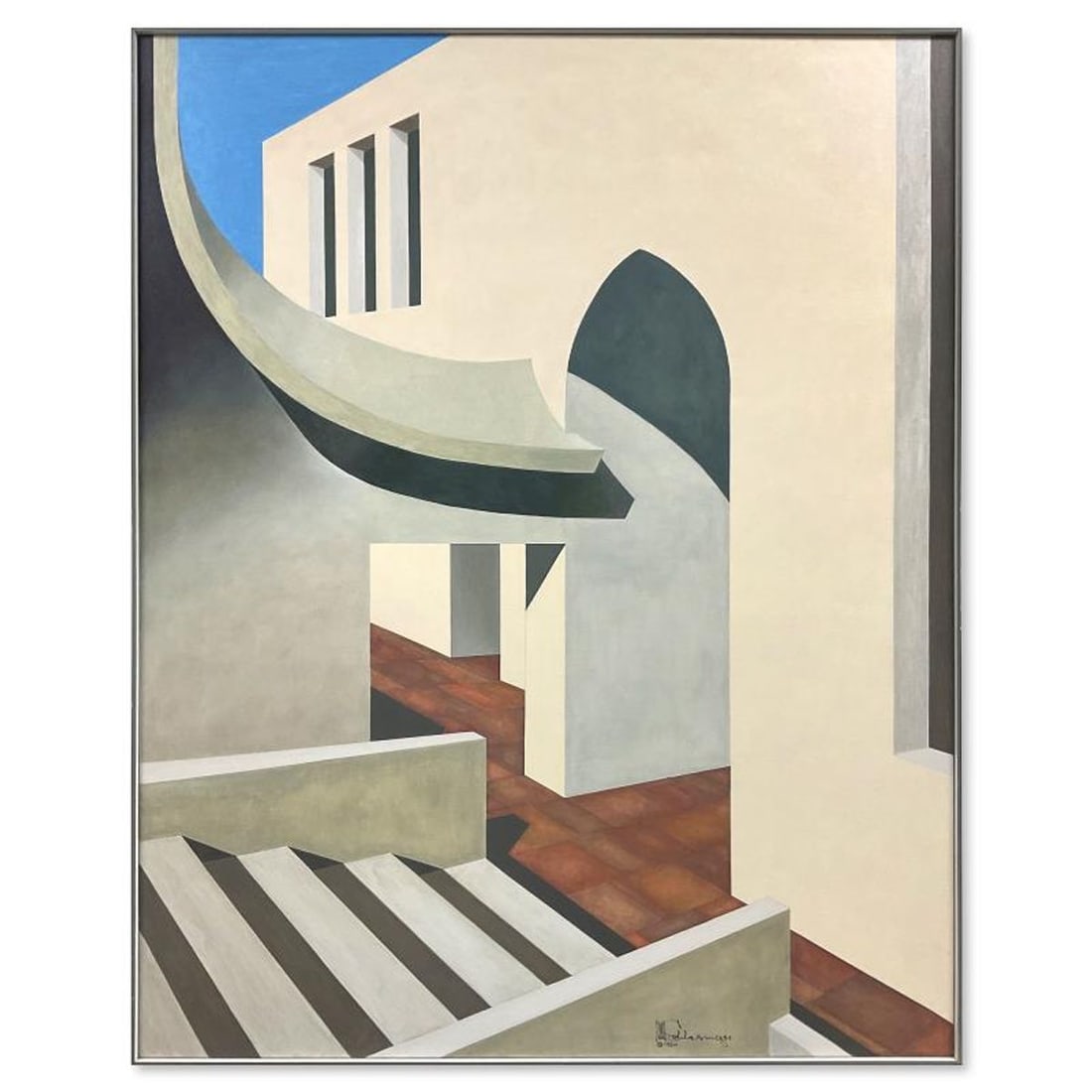 William Schlesinger (1915-2011), Framed Original Oil Painting on Canvas (60.5" x 48.5"), Dated 1980: This is an original oil painting on canvas by William Schlesinger (1915-2011), dated 1980 and hand signed by the artist. This piece comes framed in a box frame; due to the age of the piece there is mi