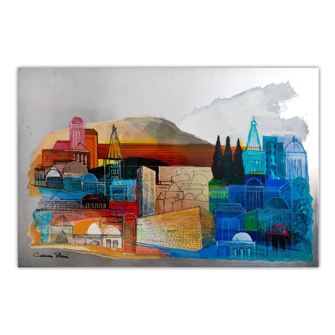 Calman Shemi- Original Acrylic on Metal - Lacquer Coated "The Holy Jerusalem": Artist: Calman Shemi. Medium: Original Acrylic on Metal - Lacquer Coated. Title: The Holy Jerusalem. Size: 31" x 47". Signature: Hand Signed by the artist. Certificate of Authenticity: Is included. Re