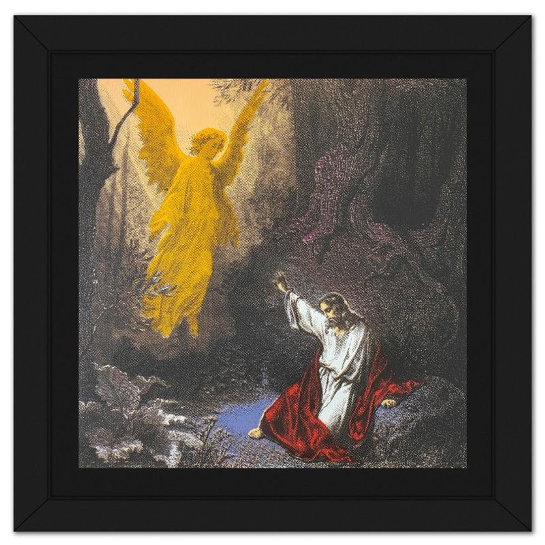 Steve Kaufman (1960-2010), "Jesus and the Angel" Framed Hand Embellished Limited Edition Silscreen,: Jesus and the Angel is a hand embellished limited edition silkscreen on canvas by Andy Warhol protege, Steve Kaufman (1960-2010), numbered AP 5/50 inverso and hand signed by the artist. This piece com