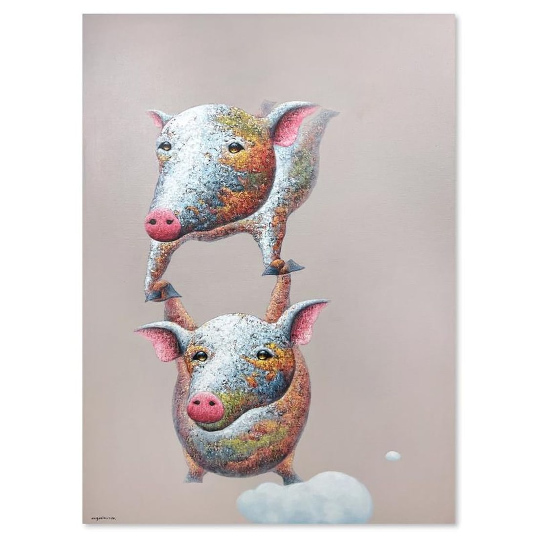 Wang, "Piggy Back" Original Mixed Media Painting on Gallery Wrapped Canvas (59" x 43"), Hand Signed: Piggy Back is an original mixed media painting on canvas by Wang, hand signed by the artist. This piece comes gallery wrapped. Includes Letter of Authenticity. Measures approx. 59" x 43" (image).