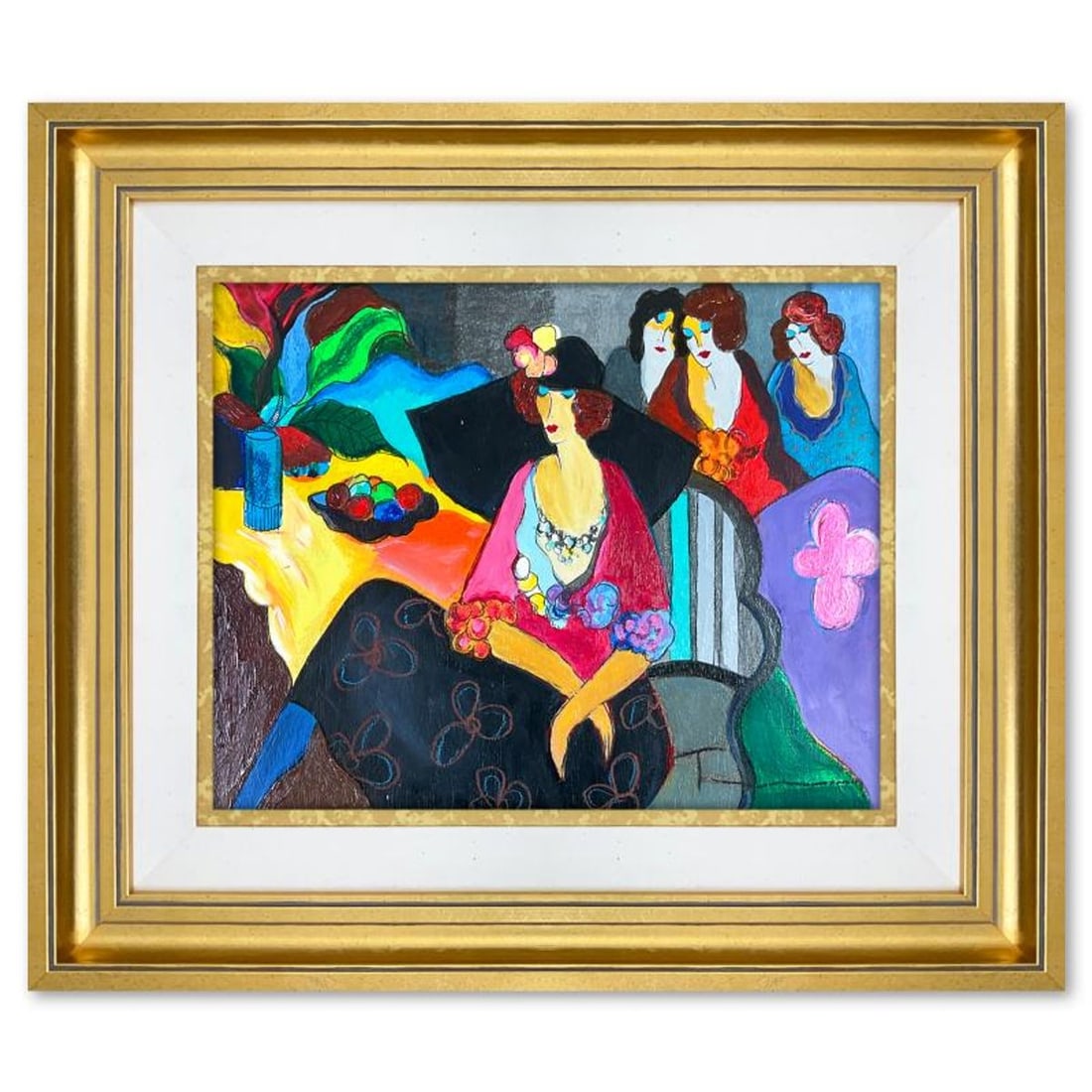 Itzchak Tarkay (1935-2012), "Gossip" Framed One-of-a-Kind Mixed Media Over Paint on Wood, Hand: Gossip is a one-of-a-kind mixed media over paint on wood by Itzchak Tarkay (1935-2012), hand signed by the artist. This piece comes custom framed. Includes Letter of Authenticity. Measures approx. 17"