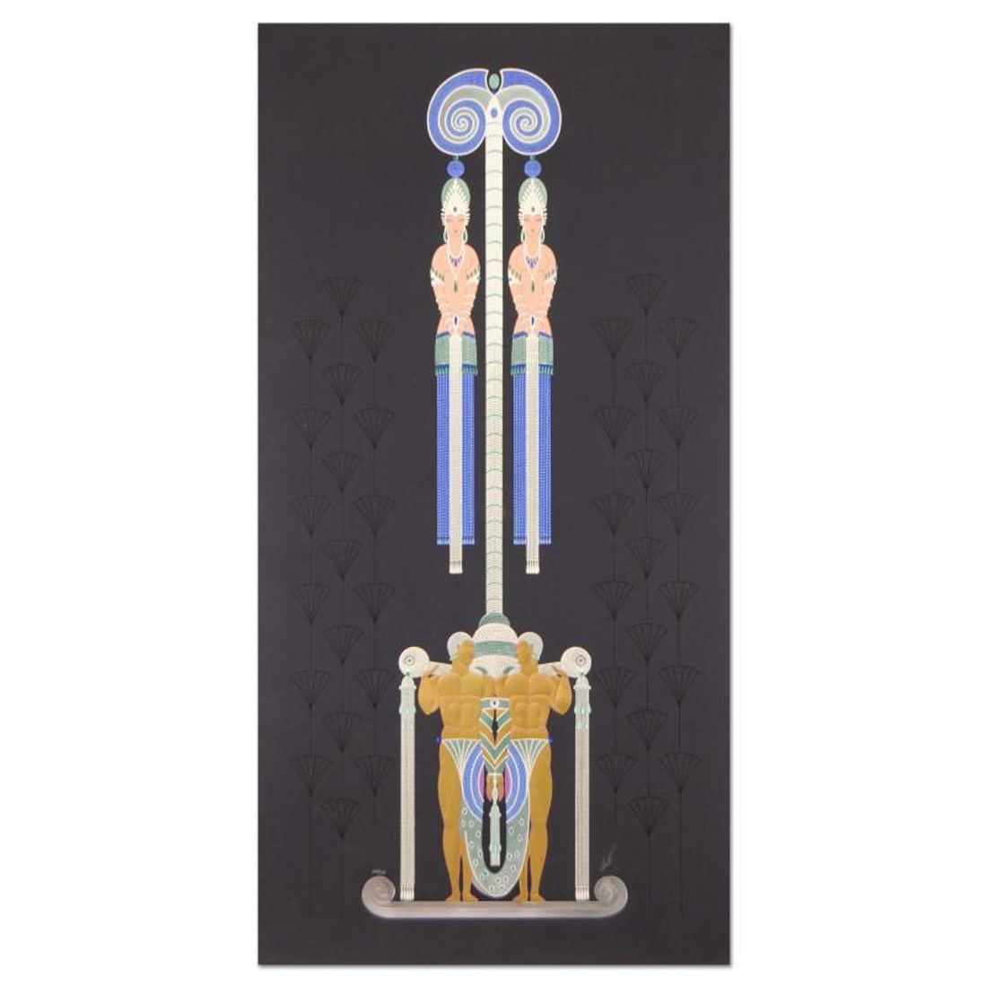 Erte (1892-1990), "Les Pretresses" Hand Signed Limited Edition Serigraph, Numbered LXV/CCC with: Les Pretresses is a hand signed limited edition serigraph on paper by Erte (1892-1990), numbered LXV/CCC. Includes Certificate of Authenticity. Measures approx. 30.5" x 58.5" (border), 27.5" x 53" (im