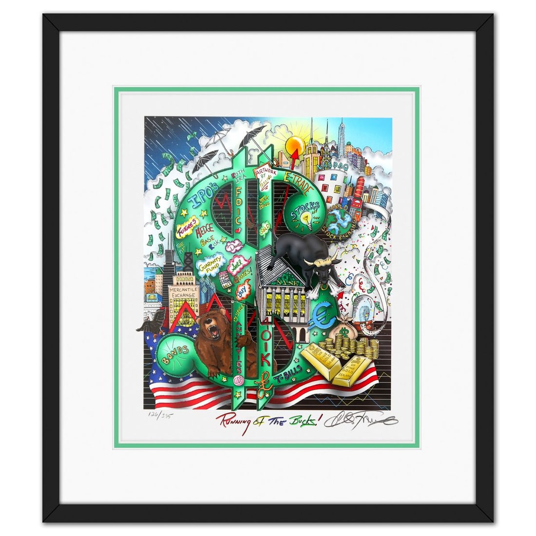 Charles Fazzino- 3D Construction Silkscreen Serigraph "Running of the Bucks": Artist: Charles Fazzino. Medium: 3D Construction Silkscreen Serigraph. Title: Running of the Bucks. Size: 14" x 12". Measures approx. 21" x 18" (framed). Signature: Hand Signed and numbered. Certifica