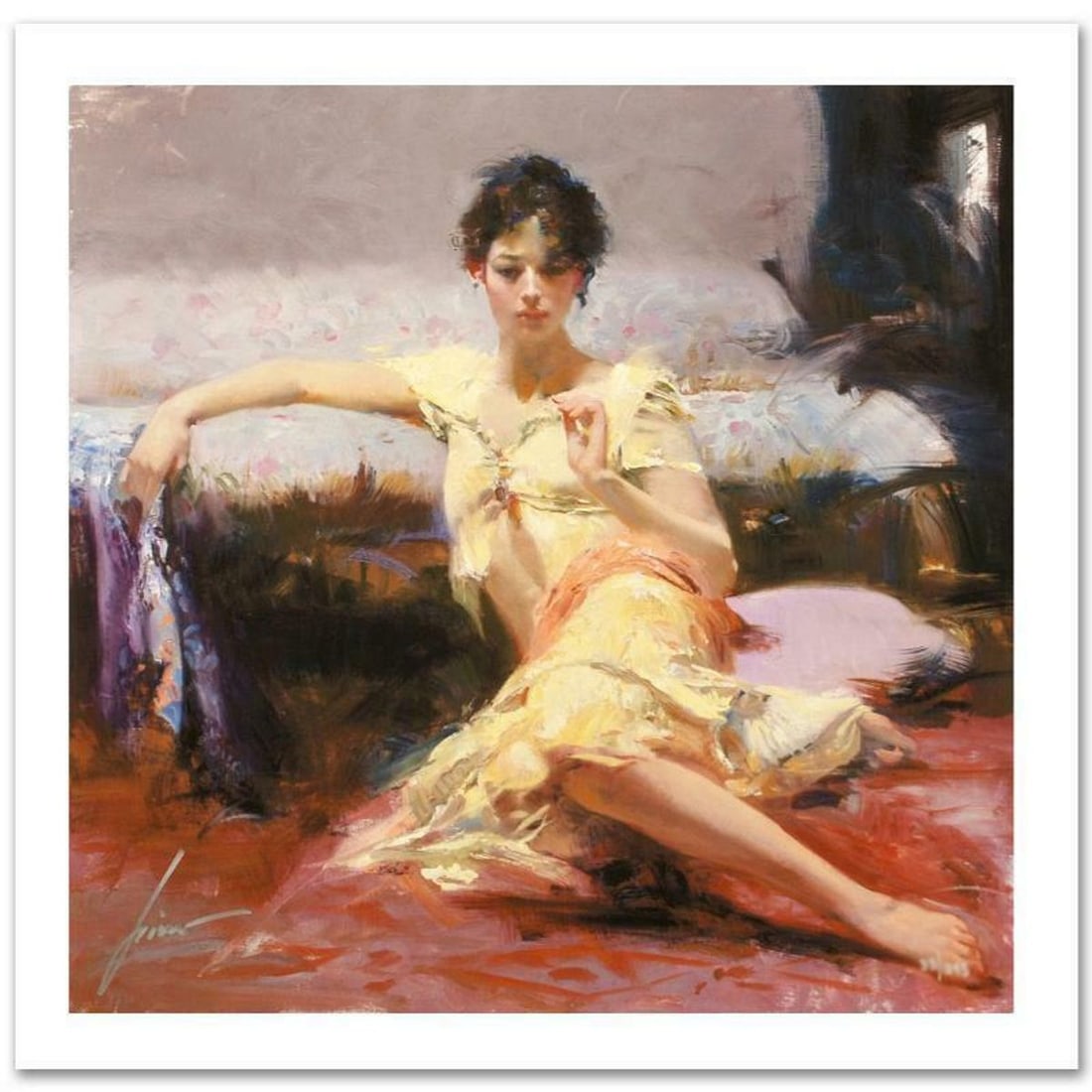 Pino (1939-2010), "Parisian Girl" Hand Signed Limited Edition with Certificate of Authenticity.: Parisian Girl is a limited edition giclee on paper by Pino (1939-2010), numbered and hand signed by the artist. Includes Certificate of Authenticity. Measures approximately 16" x 16" (image).