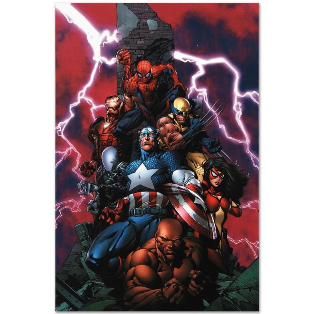 Marvel Comics "New Avengers #1" Numbered Limited Edition Giclee on Canvas by David Finch with COA.: A piece of comic book history, this limited edition, from original art by David Finch, depicts Spider-Man, Wolverine, Luke Cage, Spider Woman, Ronin, Captain America and Iron Man. In 2003, Finch came 